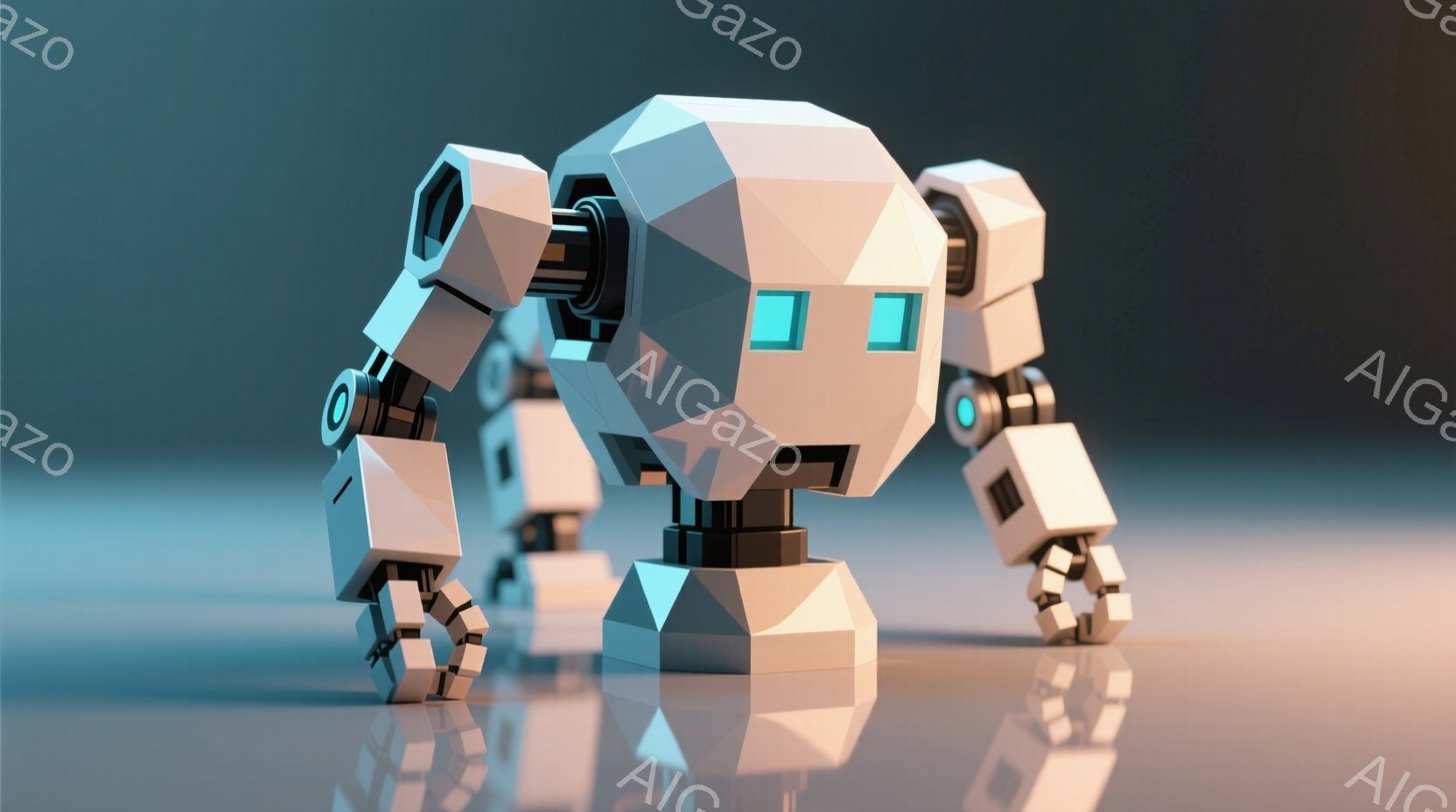 この画像は、未来的なロボットが描かれています。ロボットは、幾何学的な形状で構成され、白を基調とした配色で、一部に水色のアクセントがあります。滑らかな表面が光を反射し、床に映る影もまた、未来的な雰囲気を高めています。
