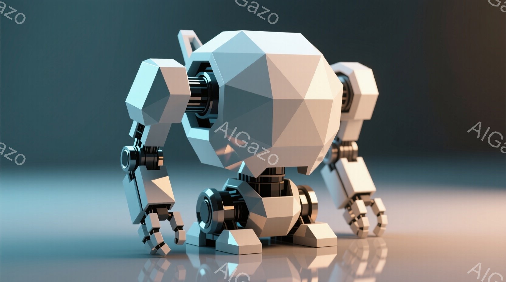 この画像は、多面体で構成されたロボットの姿を捉えています。ロボットは四つん這いの姿勢で、複雑な関節を持つ脚で地面に反射を映し出しています。背景は滑らかなグレーのグラデーションで、ロボットが際立つように設計されており、未来的な雰囲気を醸し出しています。