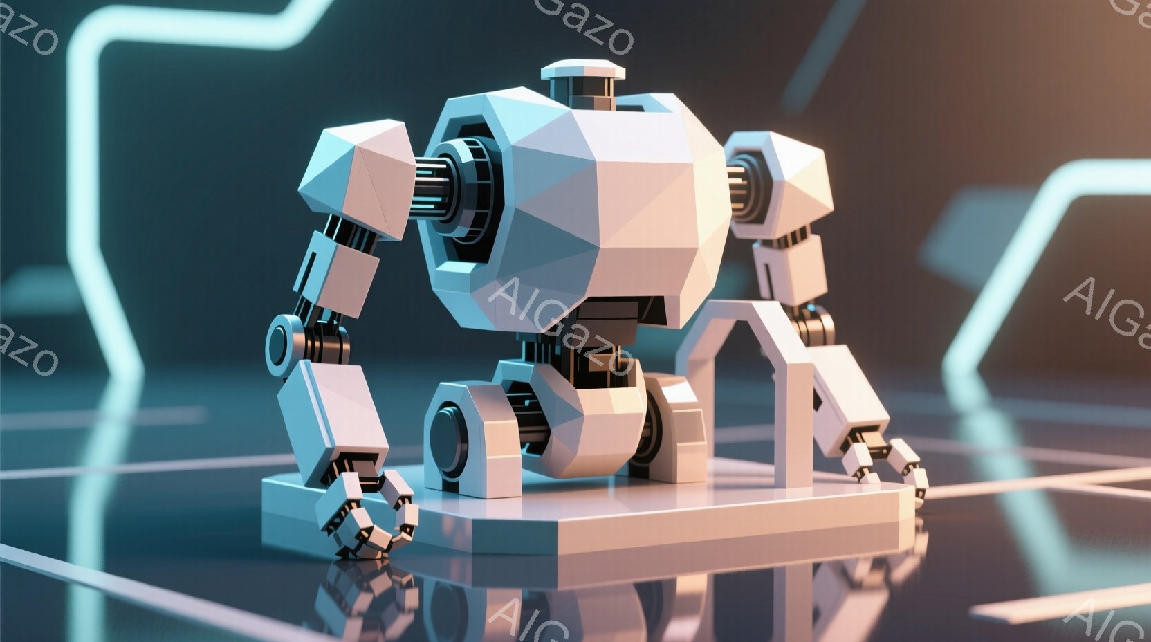 白いポリゴン調のロボットが、白い台座の上に立っている様子が描かれている。ロボットは四肢が短く、丸みを帯びた頭部とボディを持ち、未来的なデザインが特徴的だ。背景は、明るい水色の床と、青白いラインが走る抽象的な空間で、全体的にクリーンでミニマルな印象を与える。