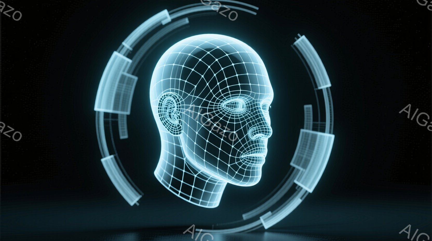 この画像は、青色の光で発光する人間の頭部のワイヤーフレームモデルが中央に配置されています。頭部は、環状に配置された青色の光のパネルに囲まれており、未来的なテクノロジーやデジタル空間を想起させる印象です - AI生成フリー素材