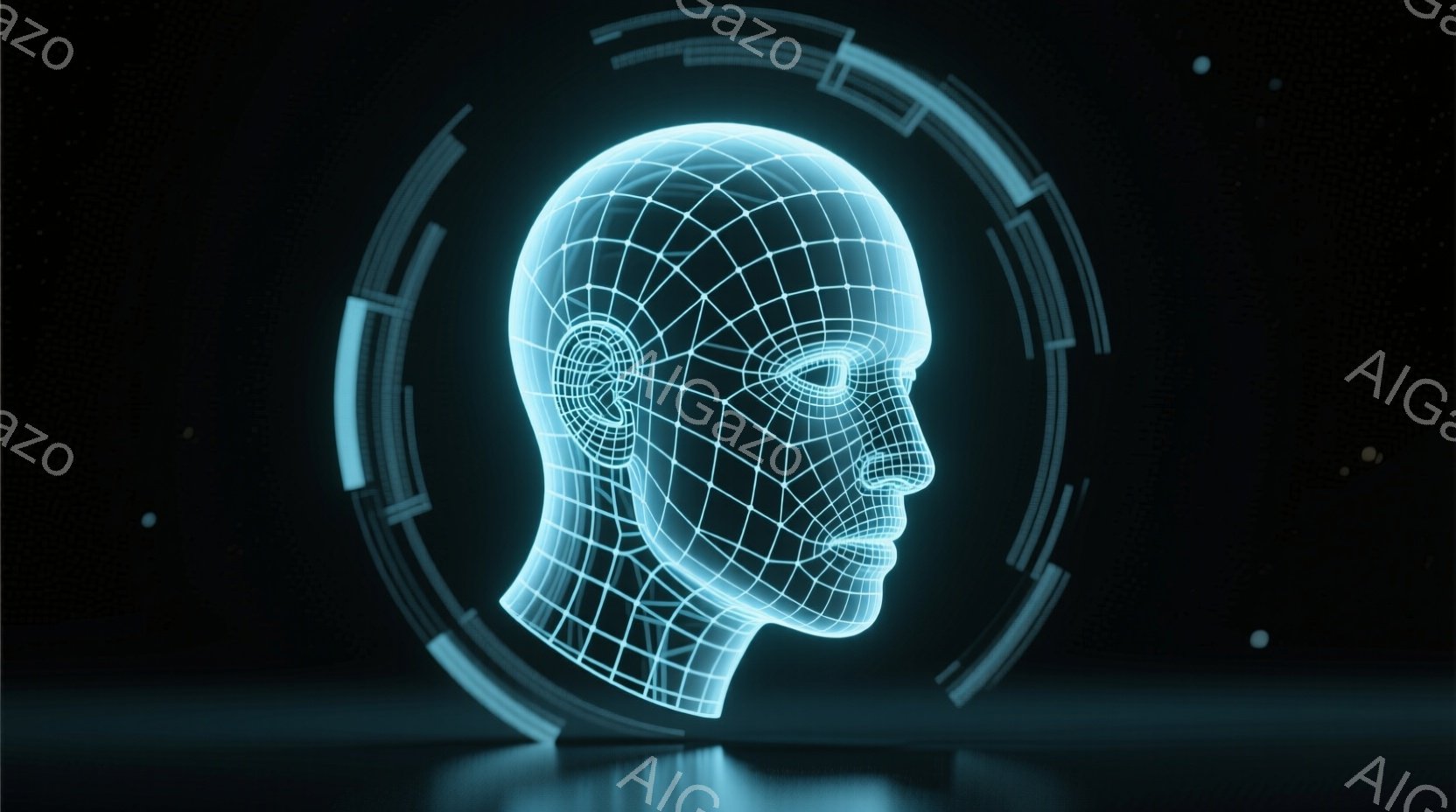 鮮やかな水色のワイヤーフレームで構成された人間の頭部が描かれています。頭部は、内側から光を放つように発光しており、背景は暗いグレーの表面で、かすかに光る円形のフレームが頭部を囲んでいます。全体的に未来的な、サイバーパンクのような雰囲気を醸し出しています。