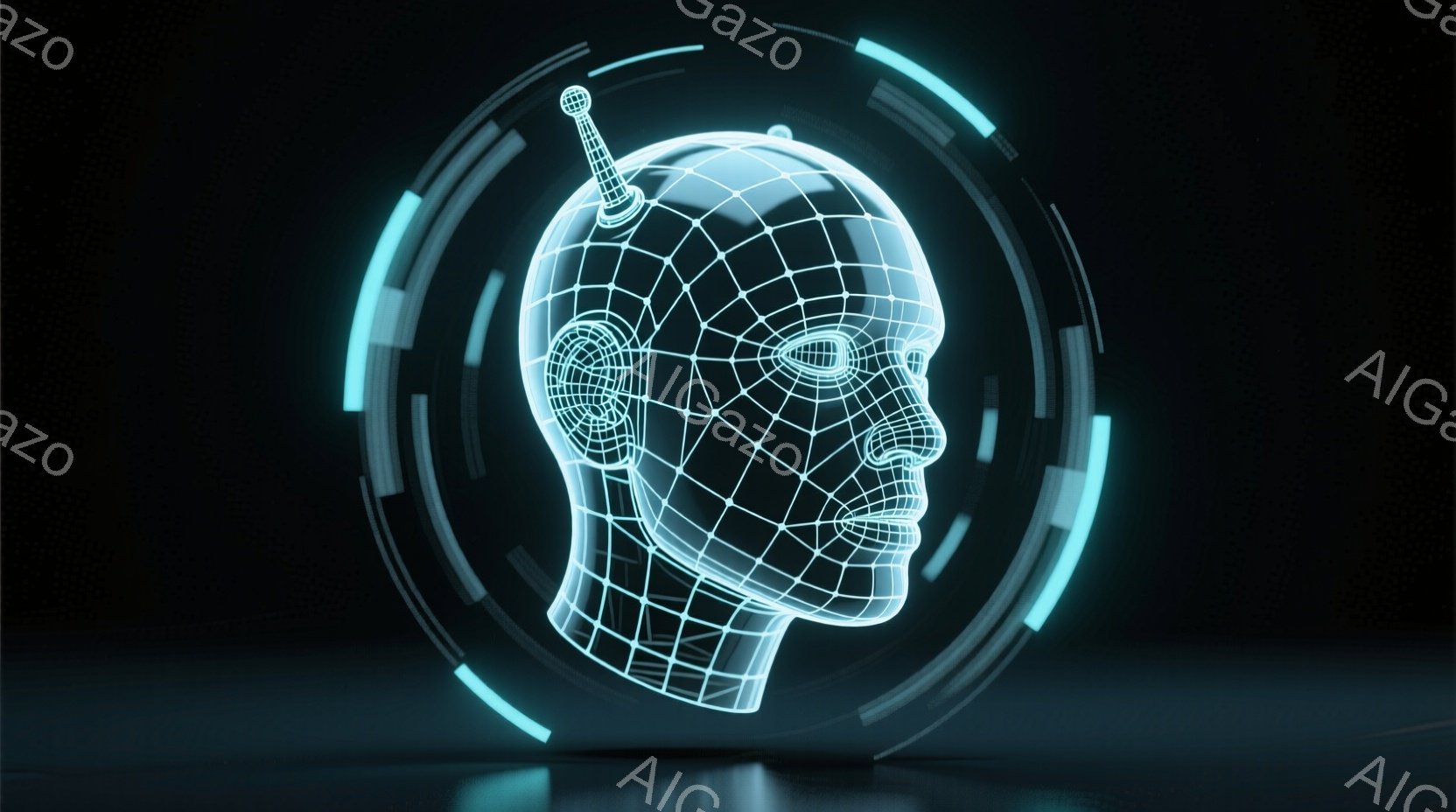 この画像は、青く光る線で構成された人間の頭部の3Dモデルを表しています。頭部には、アンテナのようなものが取り付けられており、未来的な印象を与えます。背景は暗く、頭部の周りに青い光の円が重なっており、サイバーパンクまたはテクノロジー関連の雰囲気を醸し出しています。