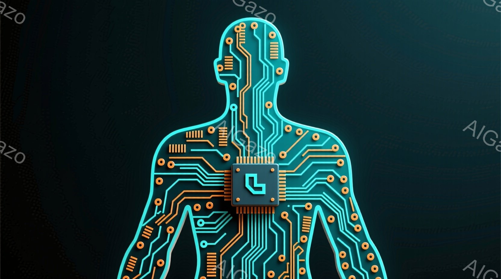 鮮やかなターコイズブルーの背景に、オレンジ色の回路が組み込まれた人型のシルエットが描かれています。頭部にはプロセッサのような部品が配置されており、まるで身体がテクノロジーで構成されているかのような印象を与えます。全体的に未来的で、サイバーパンクな雰囲気を醸し出しています。