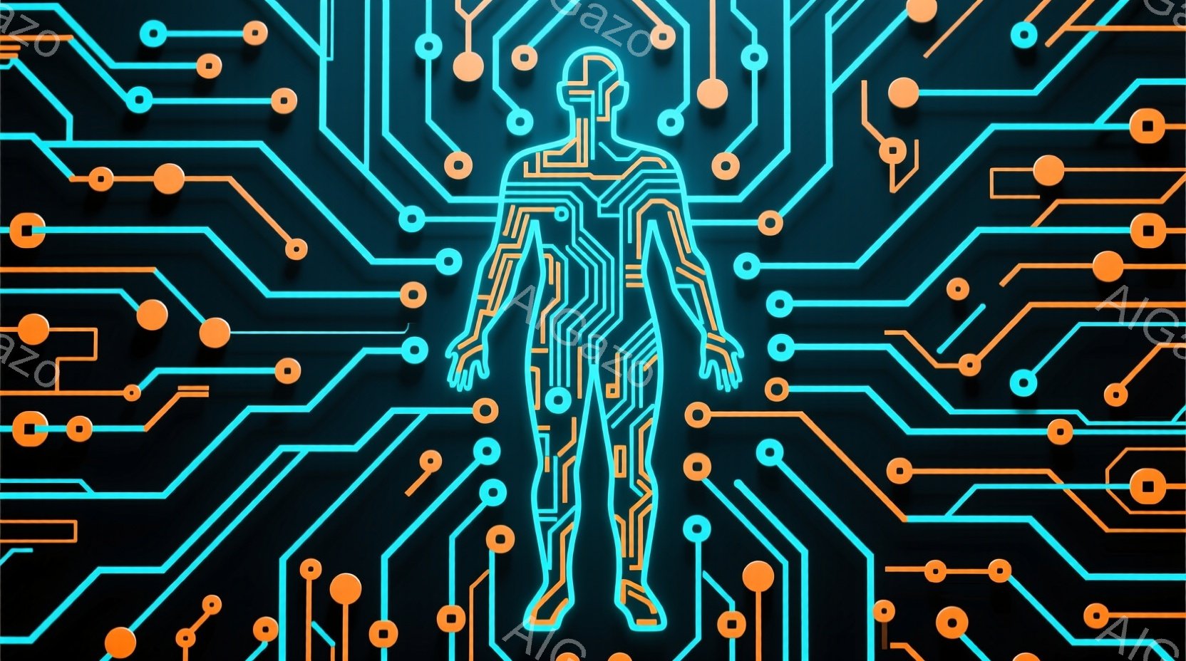 鮮やかなオレンジ色の光るアウトラインで描かれた人物が、黒背景に浮かび上がっています。その人物は、未来的なスタイルの服を着ており、頭にはヘルメットのようなものを装着しています。背景には、複雑な回路図のようなパターンが広がり、サイバーパンク的な雰囲気を醸し出しています。