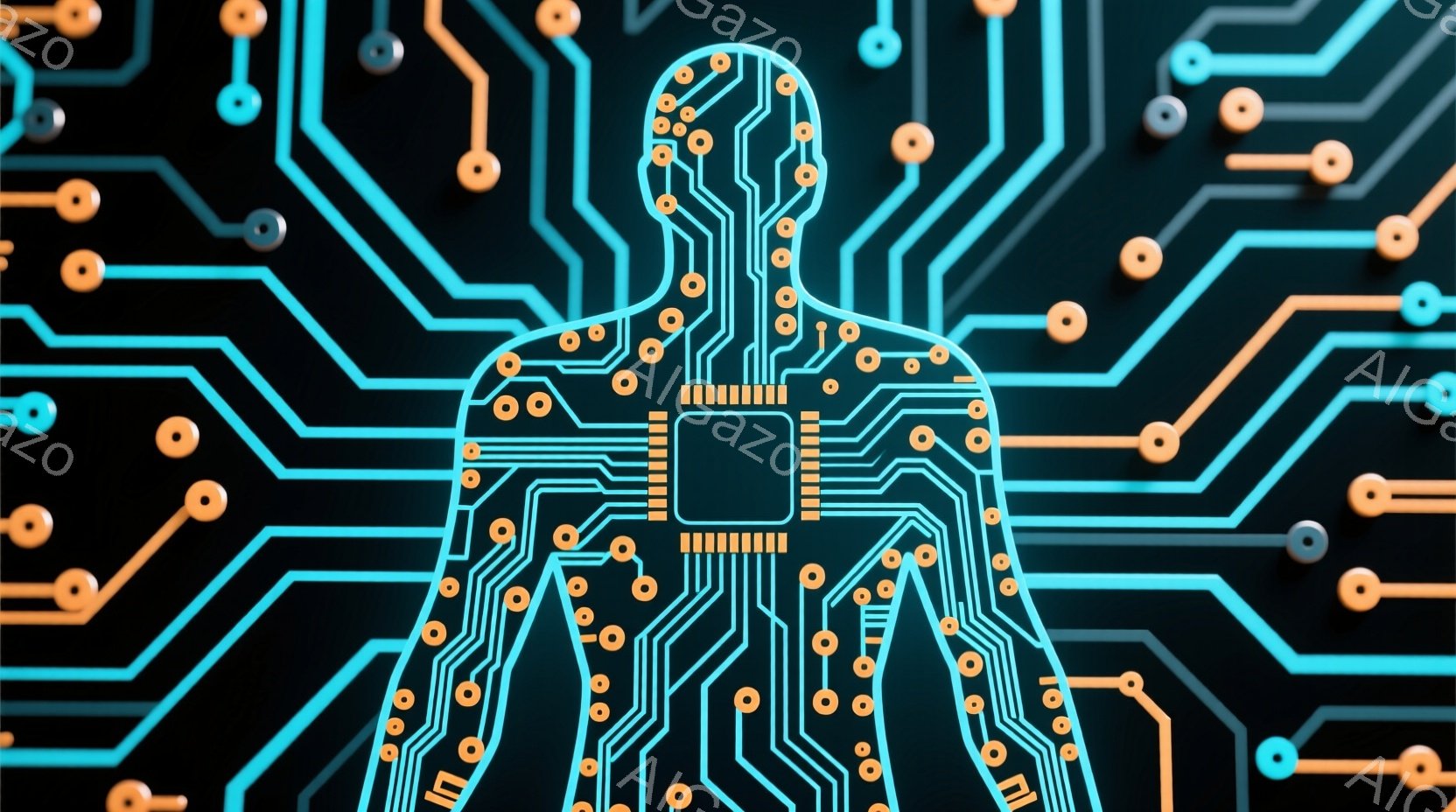 この画像は、人間のシルエットが青い回路基板のような模様で構成されています。体全体に小さな円形の突起があり、特に胸部には四角いチップのようなものが配置されています。背景は黒く、回路の線が網の目のように広 - AI生成フリー素材