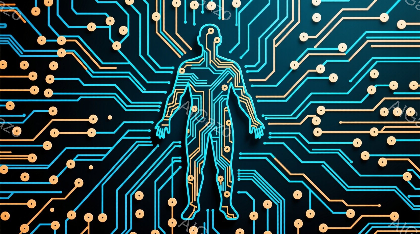 鮮やかな青色の回路図が背景に描かれ、その中央にアウトラインで描かれた人間のシルエットが立っている。この人物は、まるで電子回路の一部であるかのように、回路図と一体化しているように見える。全体として、テクノロジーと人間との融合を表現した、未来的な雰囲気のイラストである。