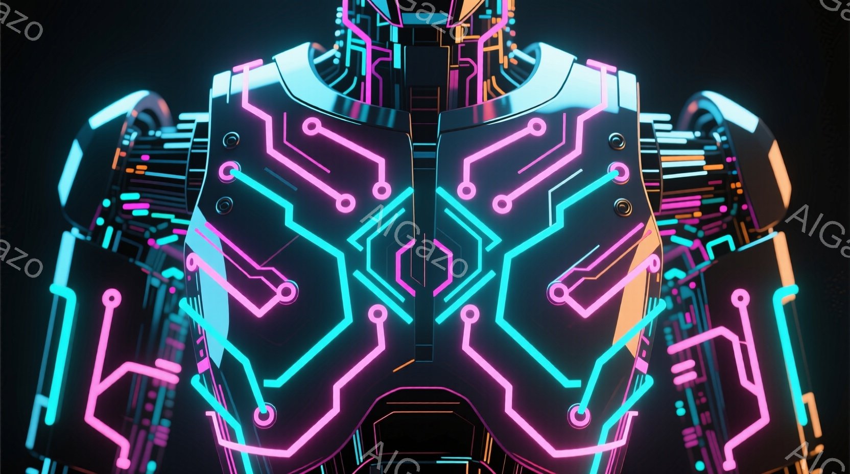 暗い背景に、未来的なサイバーパンク風の衣装を身につけた人物の後ろ姿が描かれている。衣装は黒を基調とし、鮮やかなピンク、水色、オレンジ色の光るラインが複雑な回路のように配置され、未来的なテクノロジーを感じさせる。人物の姿勢は直立しており、まるでエネルギーを全身に巡らせているかのような印象を与える。
