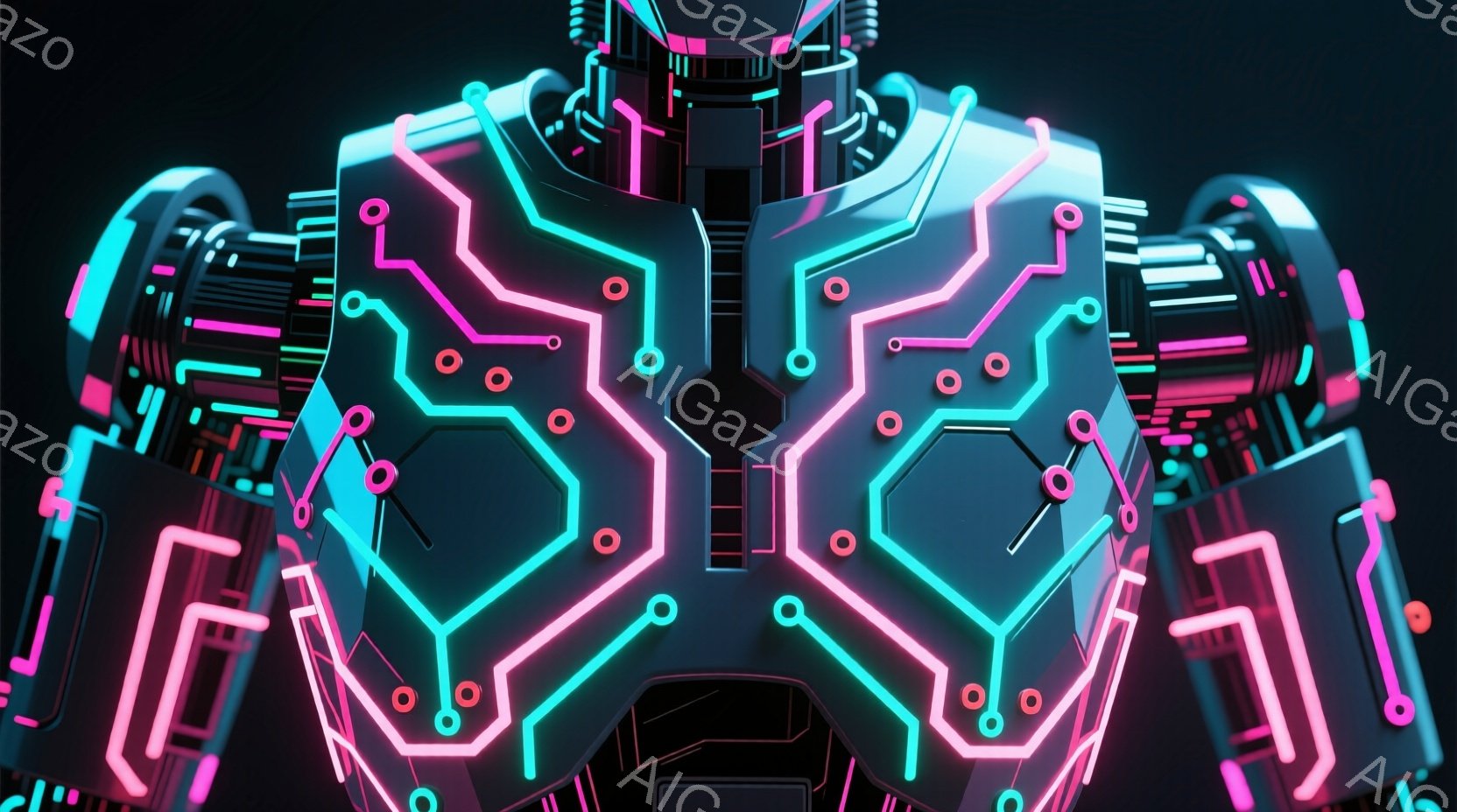 この画像は、未来的なロボットの胸部と肩部のクローズアップです。ロボットの体は濃いグレーで、明るいターコイズブルーとピンク色の発光する回路パターンで覆われています。背景は暗く、ロボットの鮮やかな発光が際 - AI生成フリー素材