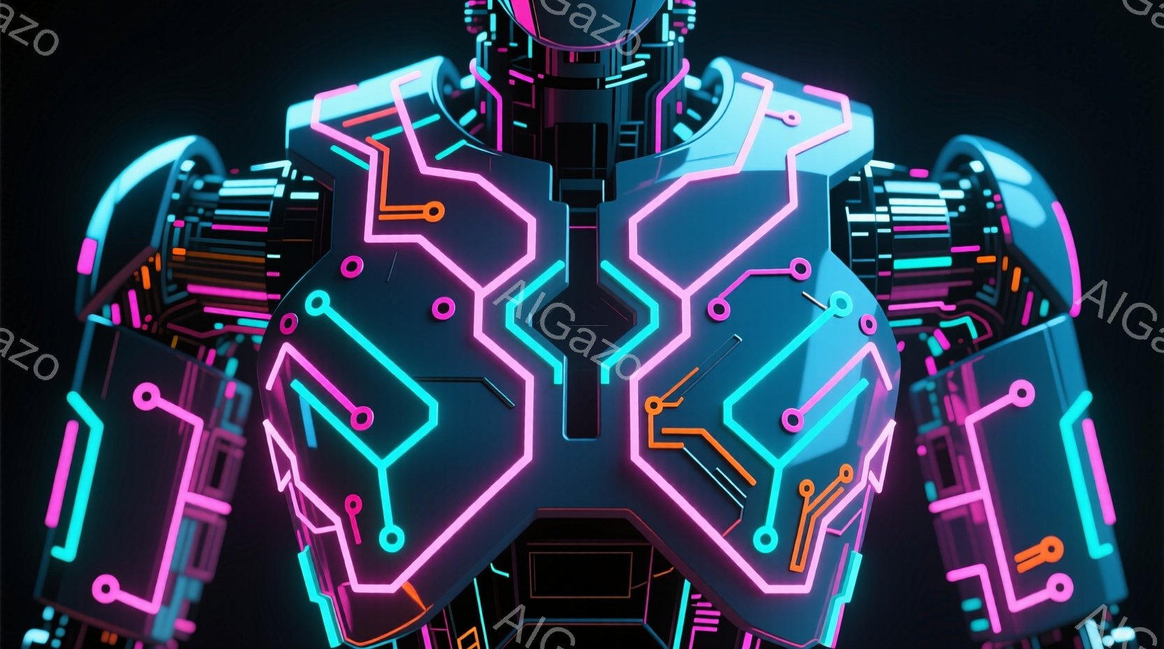 この画像は、未来的なサイバーパンク風の装甲を身に着けた人物の背面図です。鮮やかなネオンピンクとターコイズブルーの回路が装甲全体に走り、未来的なエネルギーを感じさせます。暗い背景が、装甲の鮮やかな光を際立たせ、サイバー空間への没入感を高めています。