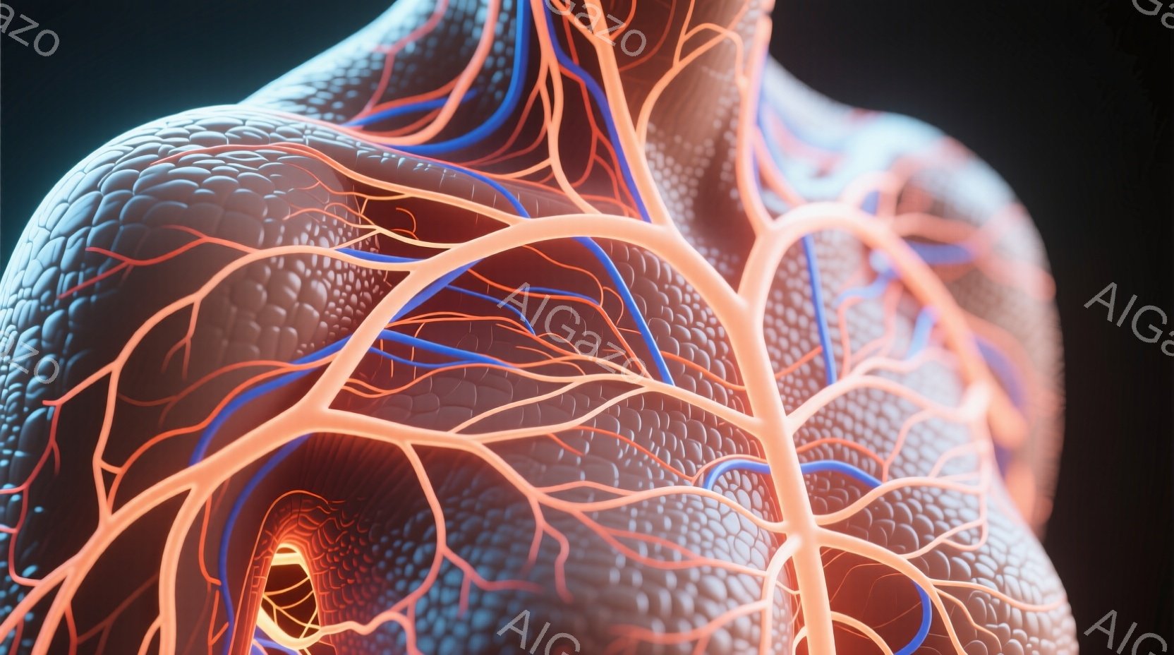 この画像は、人体の一部、おそらく肩と胸の上部を示しており、血管が詳細に描かれている。青い静脈と赤い動脈が複雑に絡み合い、皮膚の質感は非常にリアルで、細かい凹凸が表現されている。背景は暗く、血管の鮮やかな色彩が際立っており、医学的なイラストレーションまたは解剖学的な研究のための画像であると考えられる。