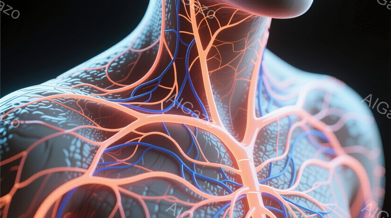 この画像は、人間の肩と首の皮膚の下にある血管網を強調したクローズアップです。赤と青の血管が複雑に絡み合い、皮膚の表面に浮かび上がっています。背景は暗く、血管の鮮やかな色彩が際立ち、人体構造の精密さと複雑さを強調しています。