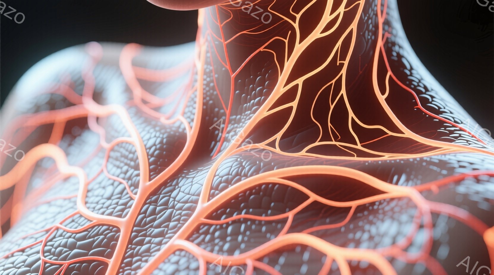 この画像は、人の首と肩の皮膚のクローズアップで、血管が赤く強調されています。肌は白っぽく、細かい質感とシワが表現されており、血管網が複雑に広がっています。背景は暗く、焦点は首と肩の皮膚の構造に当てられています。