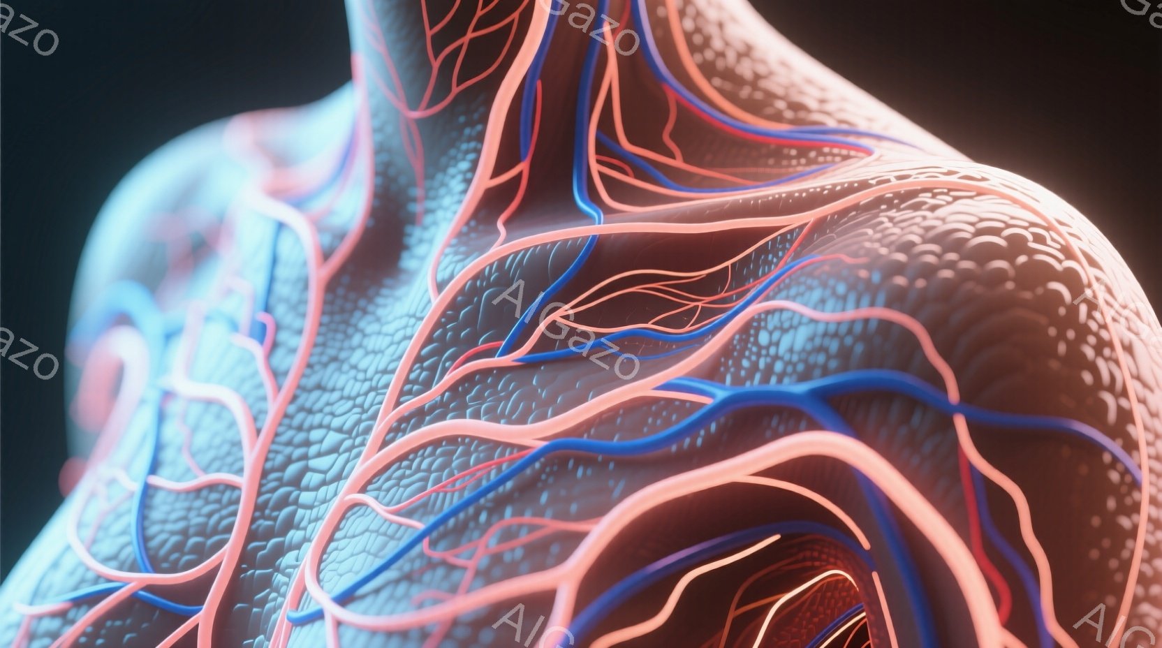 この画像は、人体組織の血管をクローズアップしたもので、青い静脈と赤い動脈が複雑に絡み合って描かれています。血管は皮膚の表面近くにあり、組織の質感と血管の立体感が強調されています。全体的に医療的なイメージで、人体の内部構造を詳細に観察しているような雰囲気です。