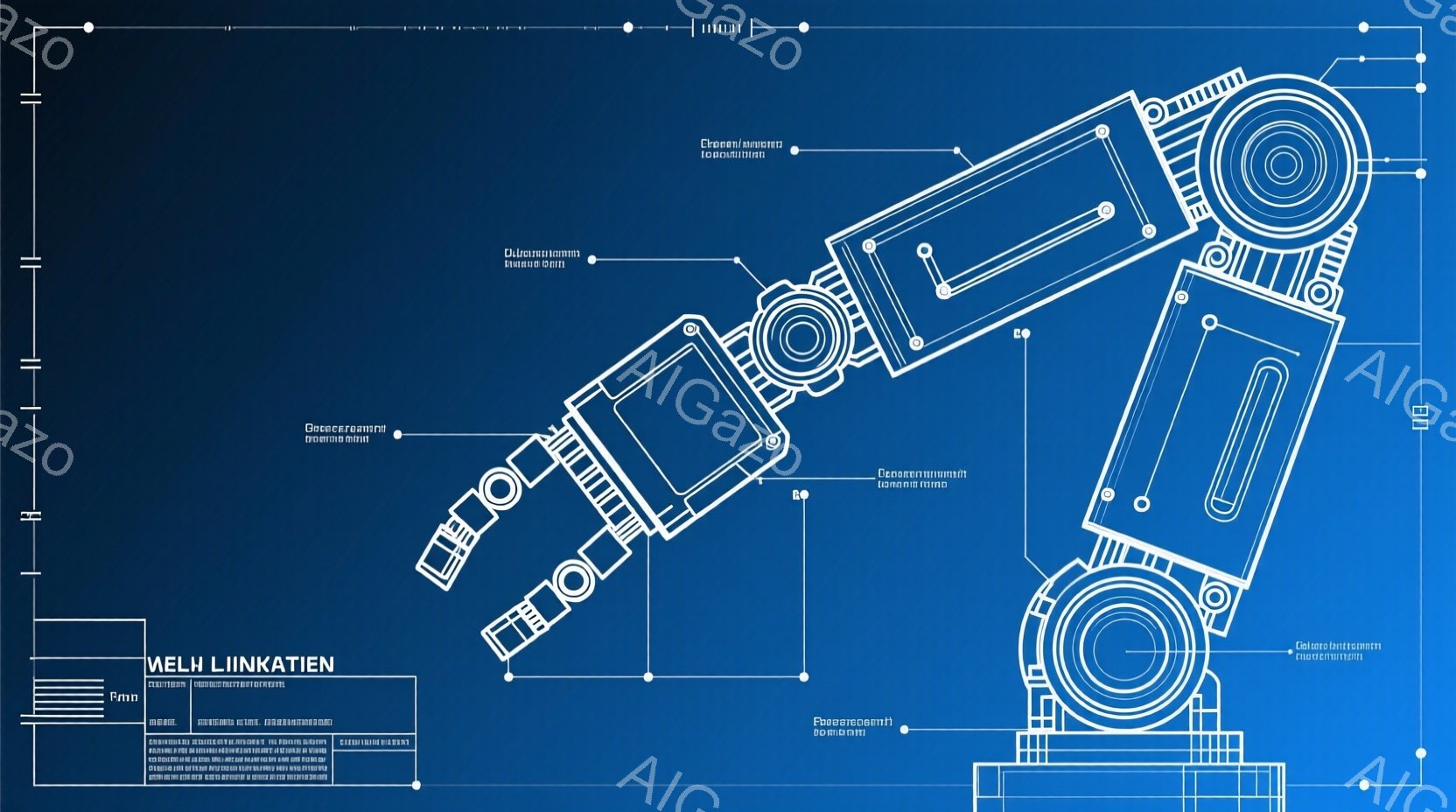 この画像は、青色の背景に描かれた機械的な構造物の設計図のようなものです。複雑な金属製のパーツが組み合わさり、円筒形や四角形の形状が特徴的で、配管や接続部が細かく表現されています。全体的に未来的な印象を与え、精密機器やロボットのデザインを連想させます。