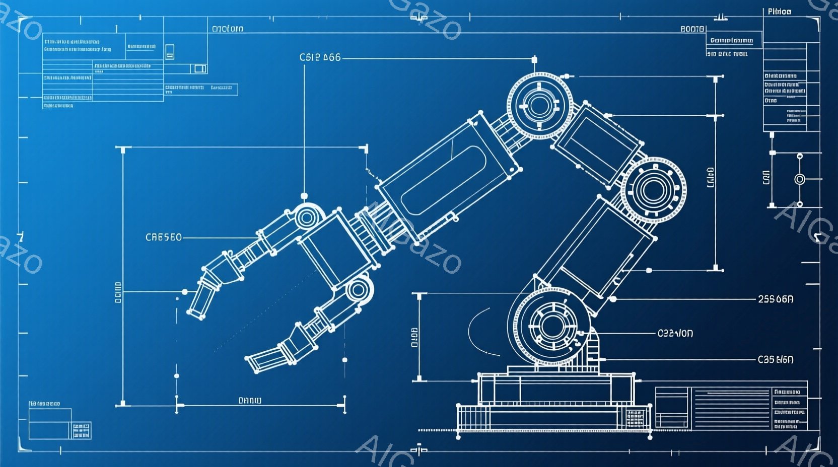 この画像は、青色の技術図面のような背景に、ロボットアームが描かれています。アームは複雑な関節構造を持ち、精密な機械部品で構成されていることがわかります。全体的にメカニカルで冷たい印象を与え、工業デザインやエンジニアリングの分野で使用される図面を連想させます。