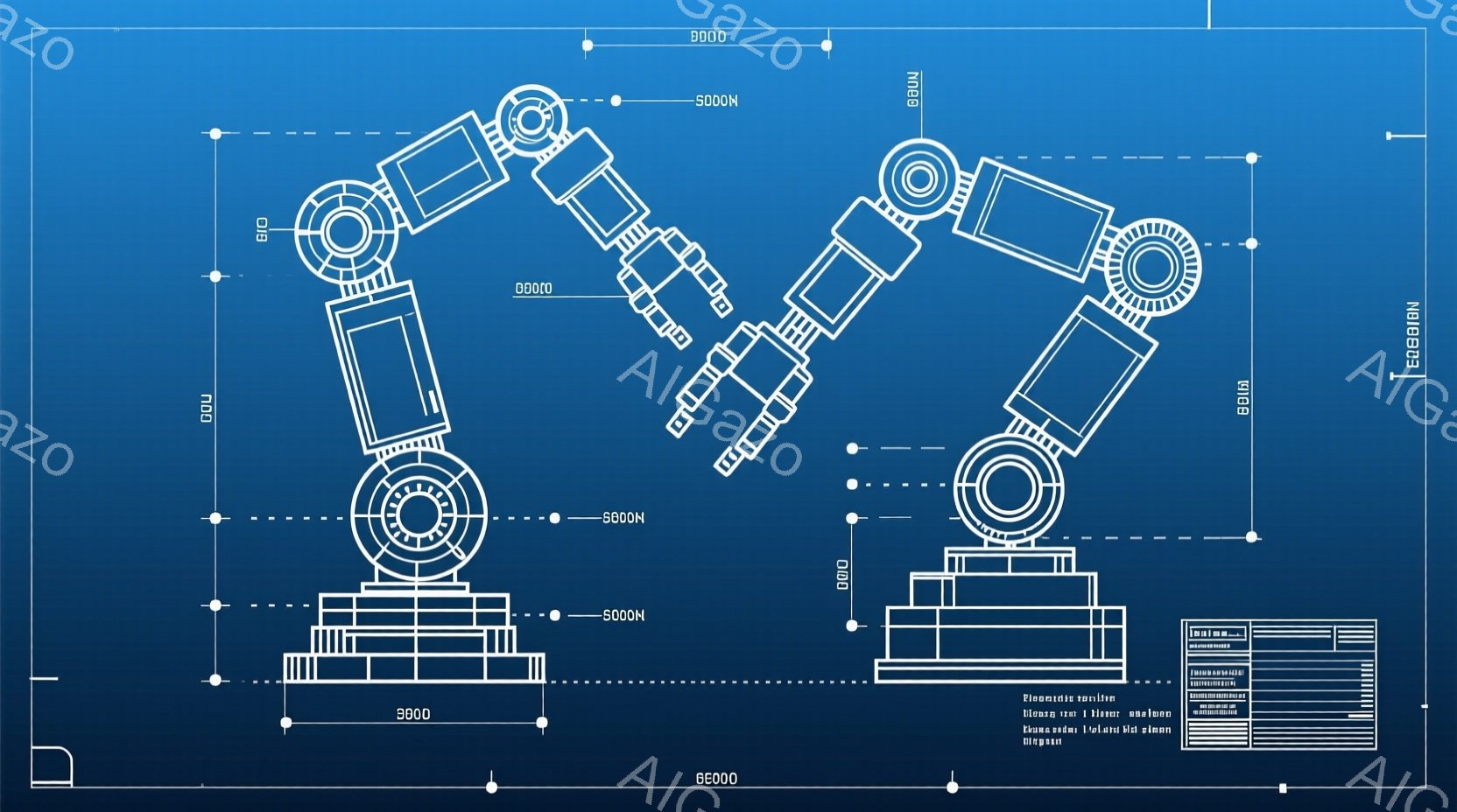 この画像は、深い青色の背景に描かれたロボットアームの設計図です。アームは関節で接続された複数のセクションで構成され、精密な機械部品の図面として表現されています。右下には小さな図解と数値データが追加されており、技術的な仕様を示唆しています。