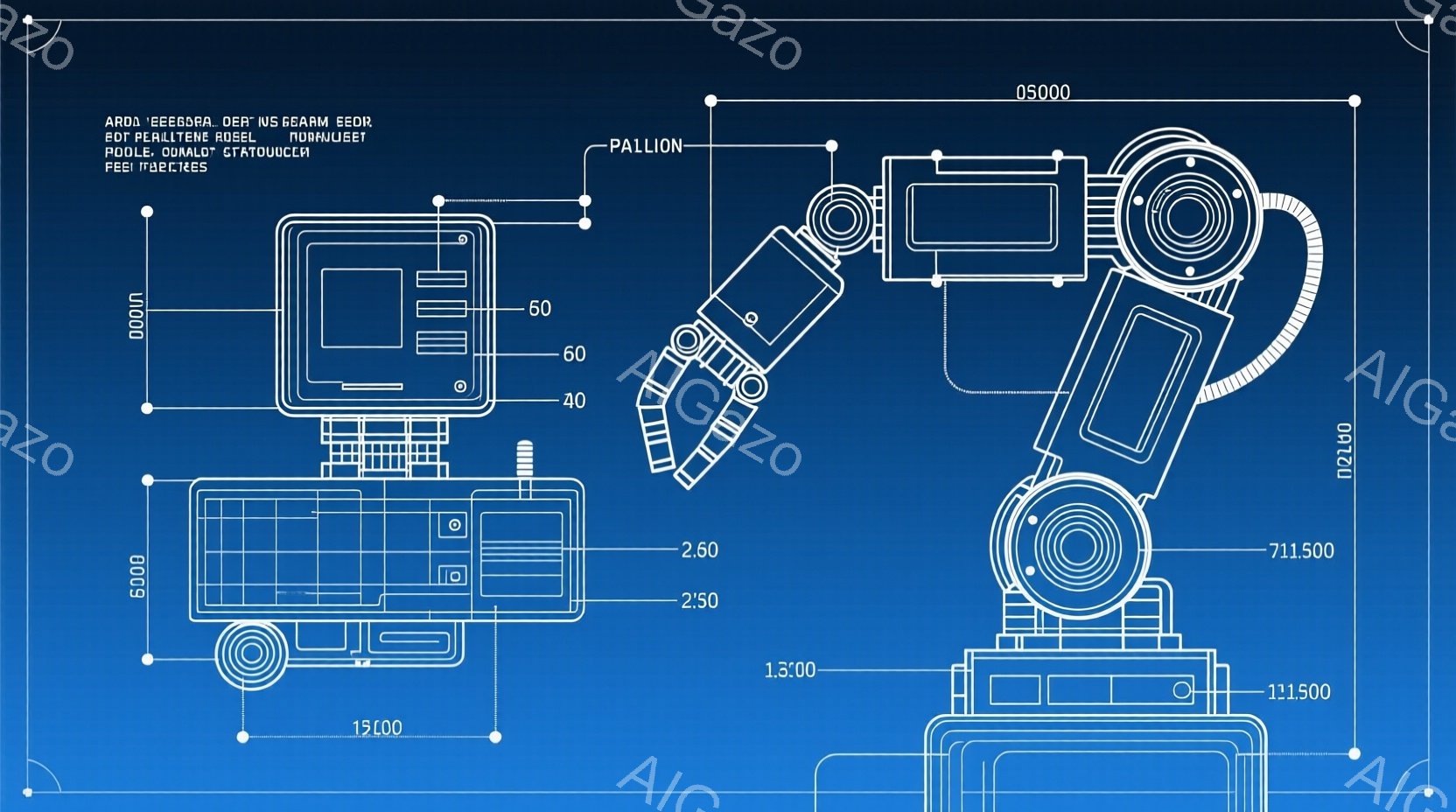 この画像は、青色の背景に描かれたロボットアームの設計図のようなものです。アームは複数の関節を持ち、精密な作業を行うための構造が詳細に描かれています。全体的に無機質で技術的な印象を与え、工業デザインやロ - AI生成フリー素材