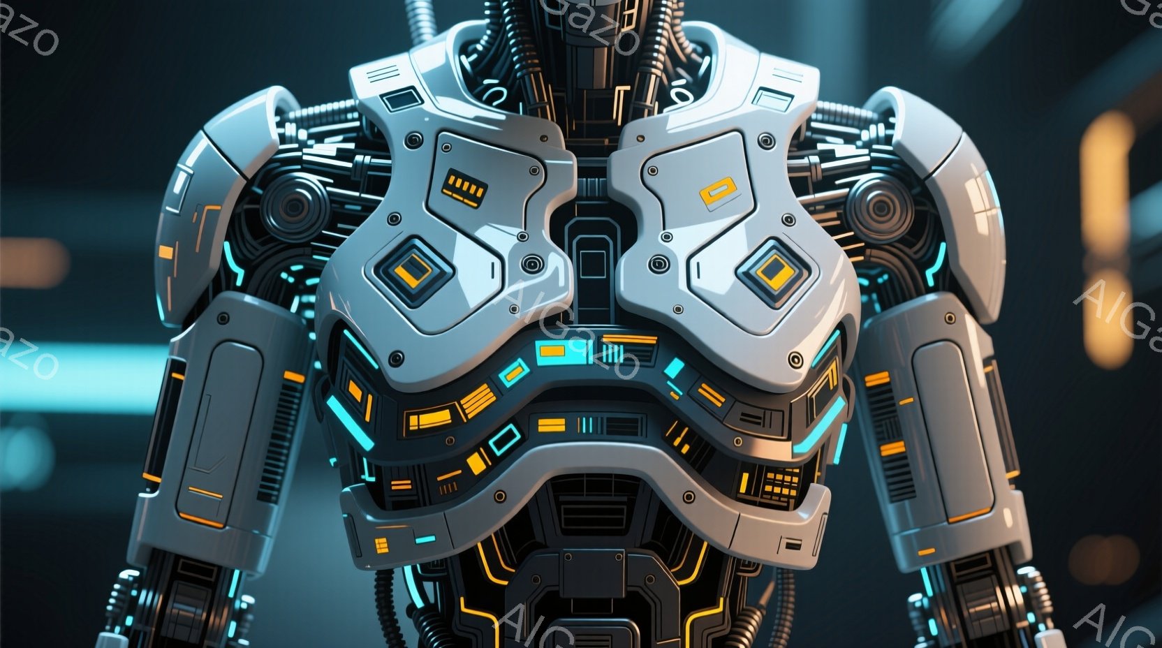 この画像は、未来的なロボットの胸部と肩部の詳細なクローズアップです。シルバーと黒を基調とした装甲が複雑に組み合わされており、オレンジ色の発光ラインがアクセントになっています。背景は暗く、青色のラインが - AI生成フリー素材