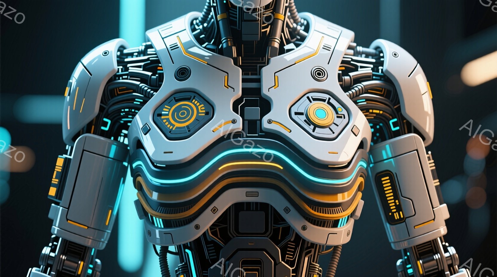未来的なロボットの胸部がクローズアップで描かれている。白と青を基調としたメカニカルなデザインで、オレンジ色の光がライン状に走り、内部構造が複雑さを物語る。背景はぼかされており、SF映画のような高科技な雰囲気を醸し出している。