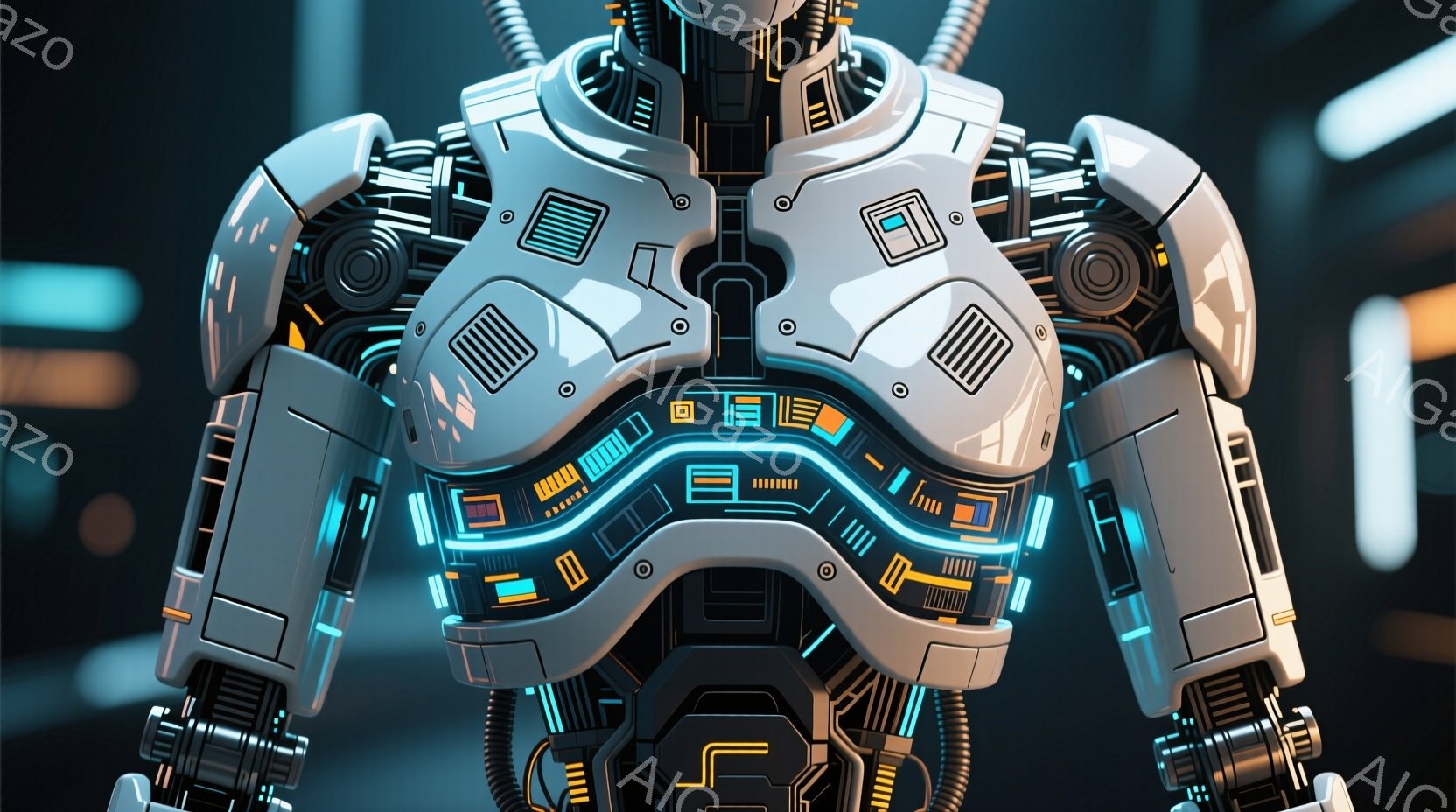 この画像は、未来的なロボットの胸部と肩部のクローズアップです。白を基調とした装甲に青色の発光線が走り、中央には複雑なインターフェースが表示されています。背景は暗く、配管やメカニカルな構造がわずかに見え、高度なテクノロジーを感じさせる雰囲気です。