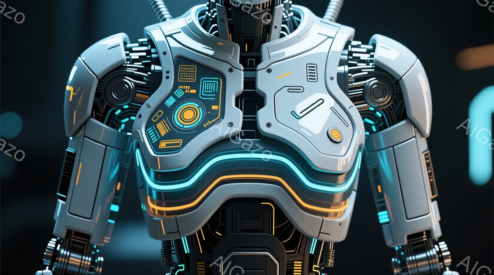 この画像は、未来的なロボットの胸部と肩部のクローズアップです。銀色の装甲に青と黄色の発光ラインが走り、複雑なメカニカル構造が組み込まれています。背景は暗く、機械的な要素がぼんやりと見え、全体的にサイバーパンクな雰囲気です。