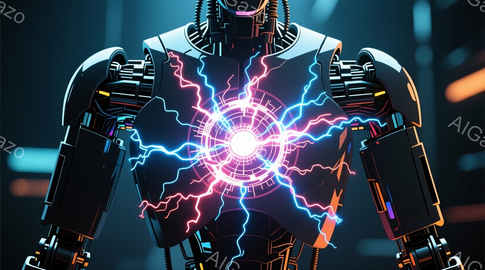 この画像は、未来的なロボットの胸元を捉えたもので、中心部が明るいエネルギーで輝いている様子が描かれています。ロボットは黒と赤のメカニカルな装甲で覆われ、胸部には複雑な配線が光り、青と赤の稲妻のようなエネルギーが迸っています。背景は暗く、わずかに光るラインが見え、全体的にSF映画のような緊張感と神秘的な雰囲気を醸し出しています。