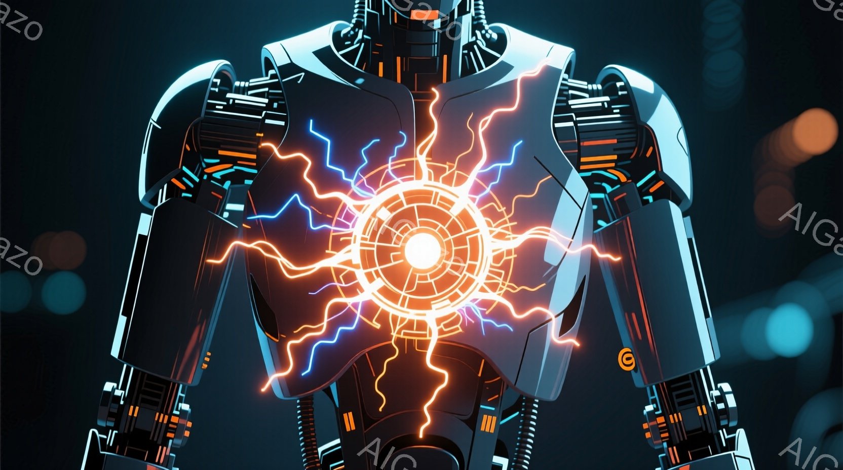 この画像は、胸部に強烈な光を放つロボットの胸部のアップです。ロボットは未来的なデザインで、複雑なラインとパネルで構成されており、中央のコアからエネルギーが放射状に広がっています。背景はぼやけており、青とオレンジの光のぼかしが見られ、全体的にSF映画のような緊張感と力強さを感じさせます。