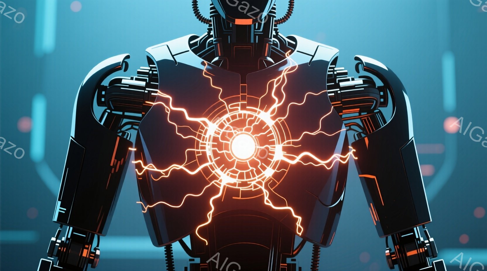 未来的なロボットの背面図で、胸の中心からオレンジ色のエネルギーが放射状に広がっている様子が描かれている。ロボットは黒い装甲で覆われ、複雑なメカニカルなディテールが施されており、背中には配線や冷却装置のようなものが確認できる。背景は青い光が走るデジタルなインターフェースで、近未来的な雰囲気を醸し出している。