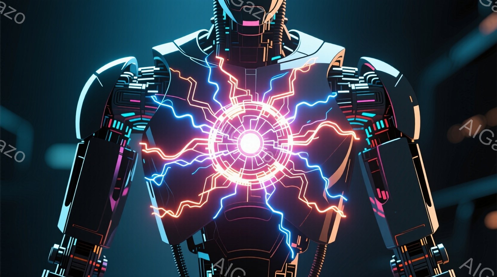 この画像は、複雑なメカニカルな装甲を身に着けたロボットの胸元を捉えています。中心部には光り輝く白いエネルギーコアがあり、そこから青とオレンジの稲妻のようなエネルギーが放射状に広がっています。背景は暗く、未来的な構造がぼんやりと見え、全体的に、高エネルギーとテクノロジーの雰囲気が漂っています。