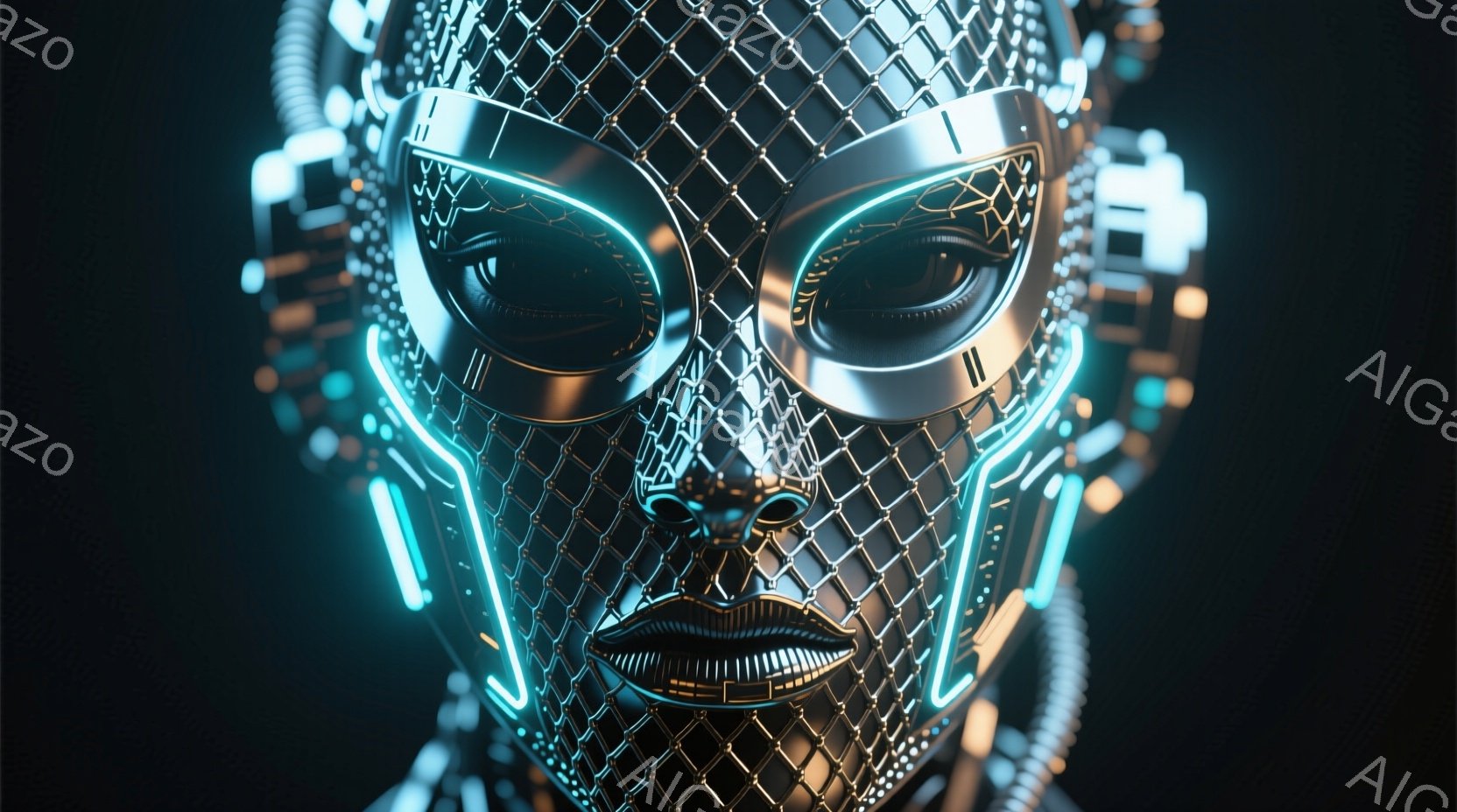 この画像は、複雑な金属製の網目構造とネオンブルーの発光線で構成された女性の顔のクローズアップです。顔は未来的なサイバーパンク風で、目が大きく、口元はわずかに開いており、神秘的な雰囲気を醸し出しています。背景は暗く、顔の発光が際立ち、全体としてテクノロジーと美しさが融合した印象を与えます。