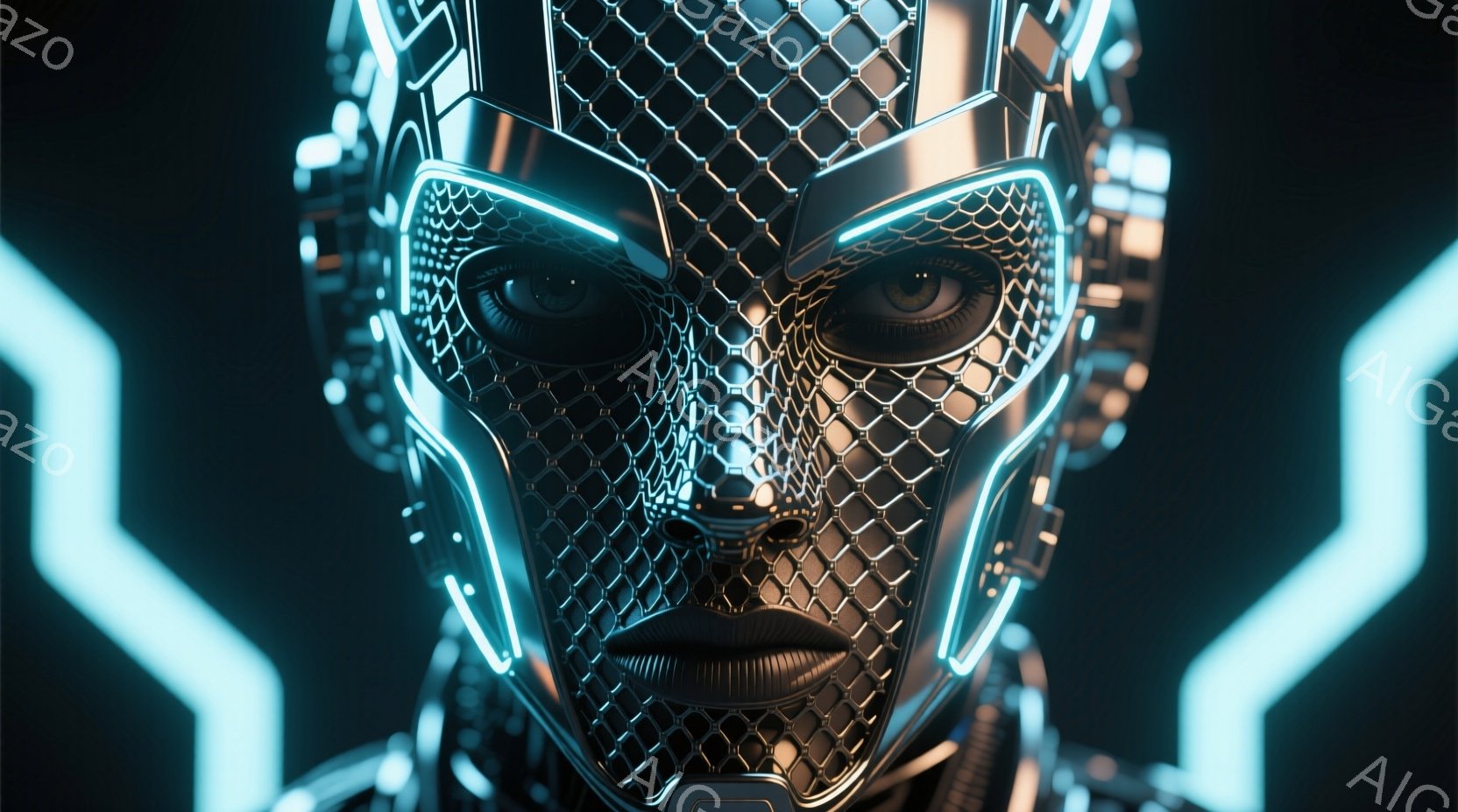 この画像は、未来的な金属製のマスクを装着した人物の正面からのクローズアップです。マスクは細かい網目状の金属で構成され、青色の光が縁取りのように光っており、目はリアルな人間の目に見えます。背景は暗く、青色の光のラインが放射状に広がっており、サイバーパンク風の未来的な雰囲気を醸し出しています。