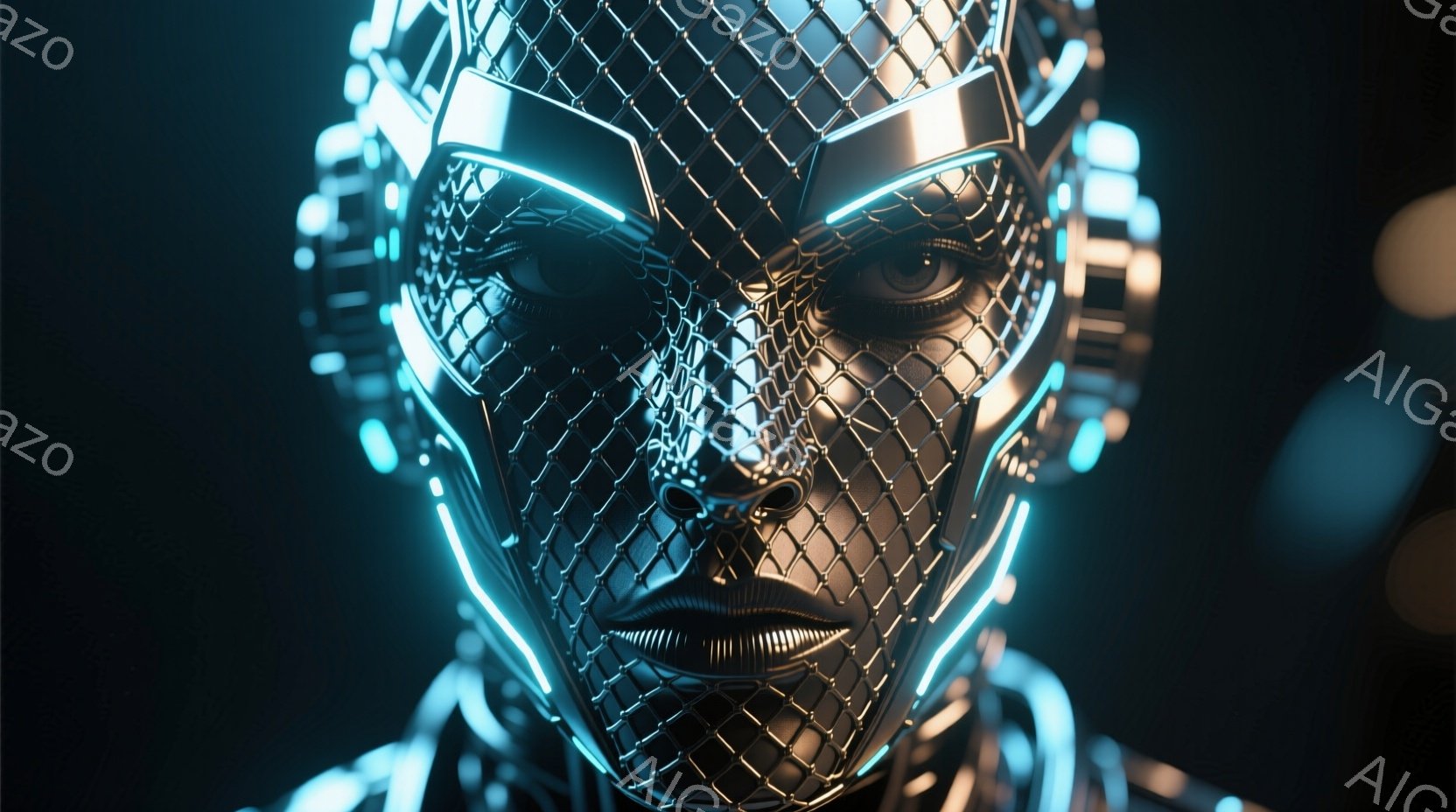この画像は、顔全体が複雑な金属製の網で覆われた女性の顔のクローズアップです。青色の発光線が網のパターンに沿って走り、顔の輪郭を強調しています。背景は暗く、ぼやけており、焦点は完全にこの未来的な顔に当てられています。