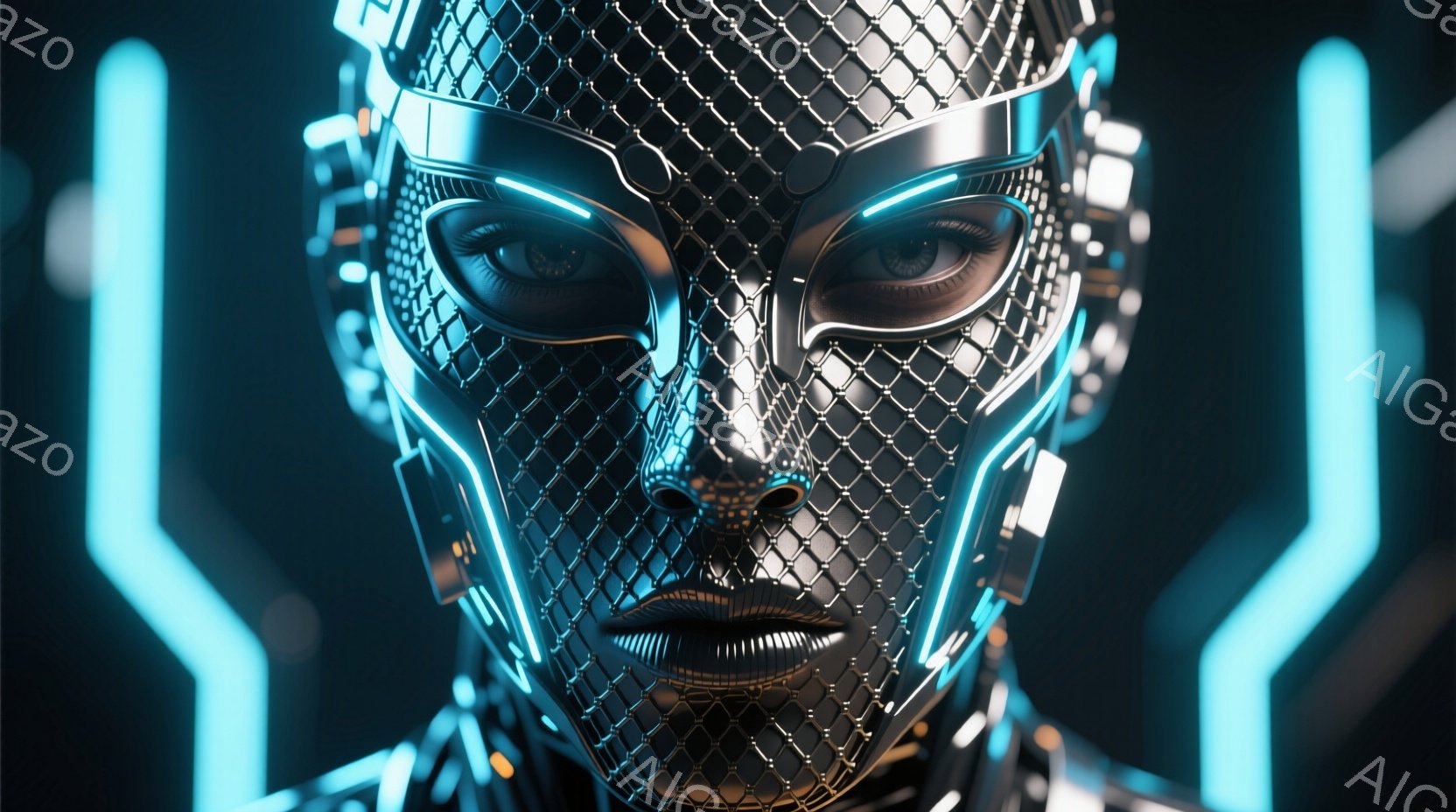 この画像は、未来的な金属製のマスクを被った女性の顔のクローズアップです。マスクは細かい網目状で構成され、青色の発光ラインが特徴的で、目は鋭く光っています。背景は暗く、青色のラインが左右に伸びており、近未来的な雰囲気を醸し出しています。