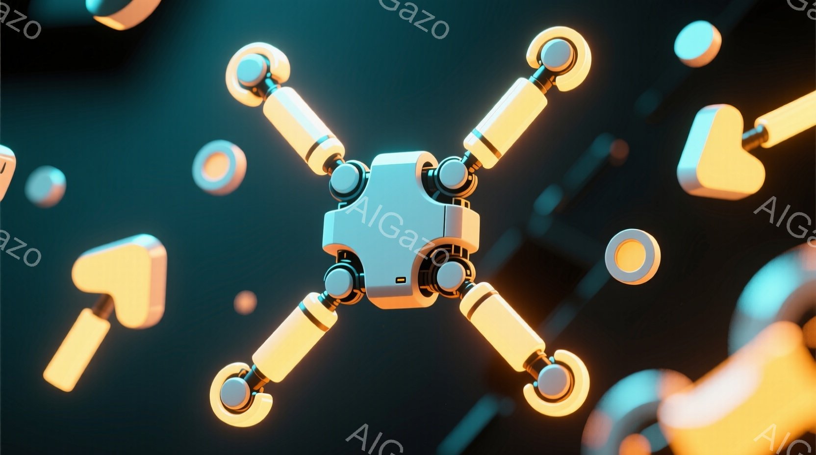 鮮やかなターコイズブルーの背景に、未来的なロボットアームのような構造物が浮かんでいます。中心には金属製の立方体が配置され、そこから四方向に黄色い関節を持つアームが伸びています。全体的に滑らかでミニマルなデザインで、光沢のある質感と影が強調され、近未来的な雰囲気を作り出しています。