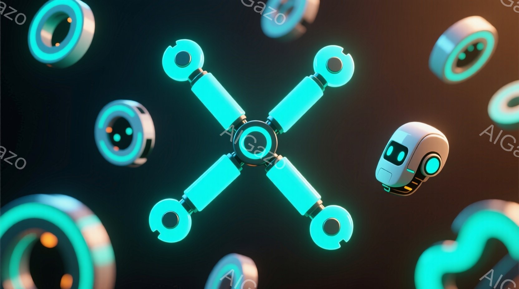 画像は、ターコイズブルーの光る構造物が背景に浮かぶ、未来的なロボットを描いています。ロボットは白く、丸みを帯びた外観で、小さな黄色い車輪と、点在する緑色の光る目で構成されています。全体的に、この画像は、洗練された技術と、遊び心のある未来的な雰囲気を醸し出しています。