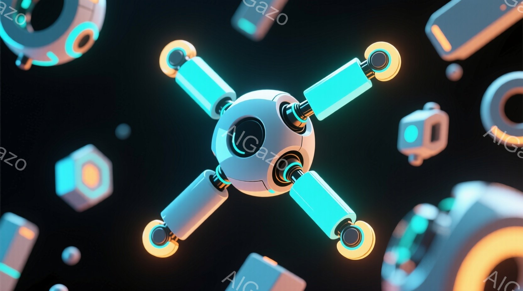 白い球体を中心に、4本の青い円筒形のアームが放射状に伸びています。背景は暗く、様々な色の幾何学的な形状がぼやけて配置されており、未来的な雰囲気を醸し出しています。全体的に、鮮やかな色彩と滑らかな質感が - AI生成フリー素材