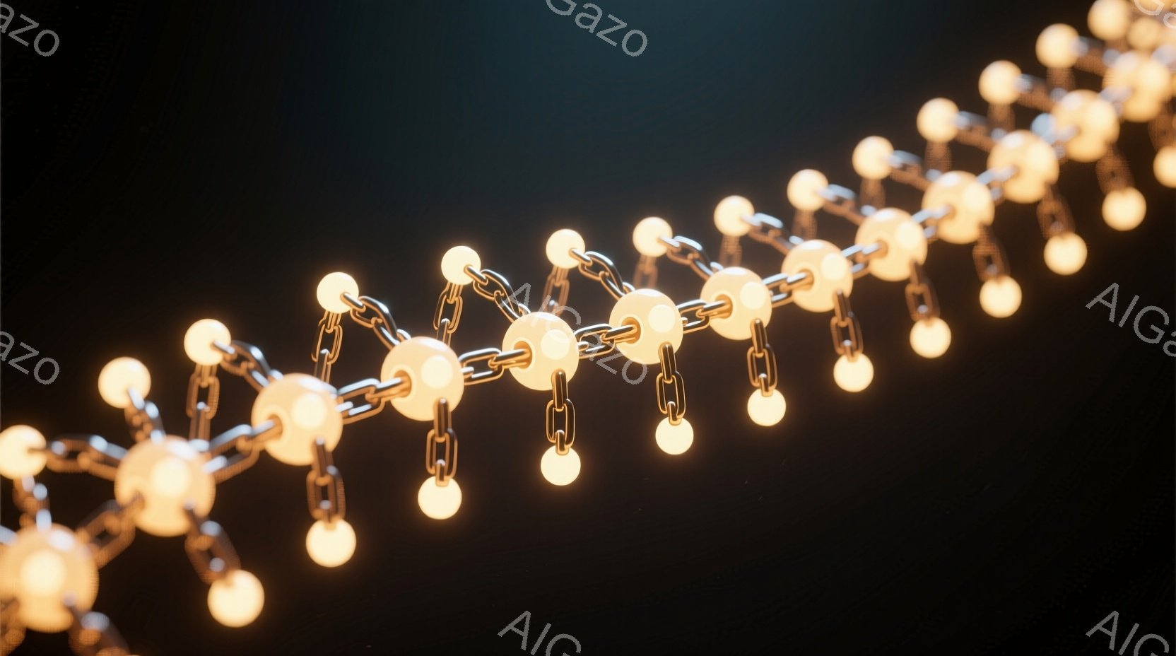 黄金色の光を放つ球体と金属製の鎖が連なった画像である。球体は滑らかで明るく輝き、鎖はそれらを繋ぎ止めている。背景は暗く、球体と鎖の光が際立つことで、どこか神秘的で未来的な雰囲気を醸し出している。