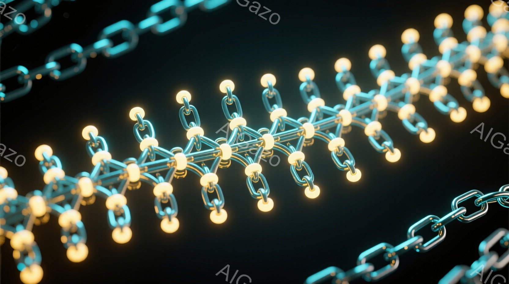 鮮やかなターコイズブルーの金属製のチェーンが、光を放つ黄色い球体で連結された構造が印象的な画像です。チェーンは暗い背景に浮かび上がり、球体は明るく輝き、視線を引きつけます。 全体として、モダンで未来的な雰囲気を感じさせます。