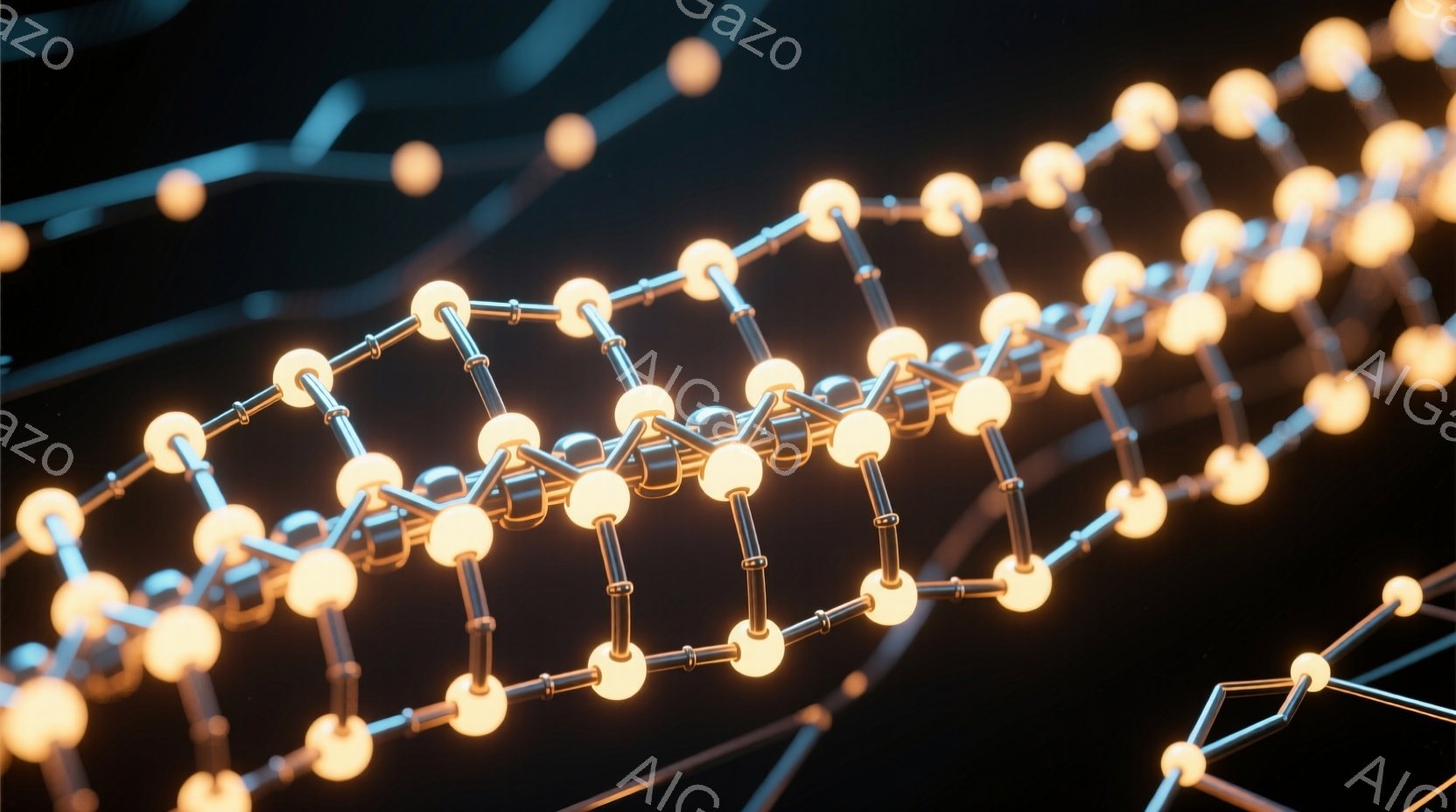 この画像は、明るいオレンジ色の球体と銀色の接続線で構成された、蜂の巣のような構造を強調したものです。背景は暗く、構造の一部が焦点外になっており、奥行きと複雑さを強調しています。全体的な雰囲気は、科学的で未来的な技術の表現であり、分子レベルのつながりを想起させます。