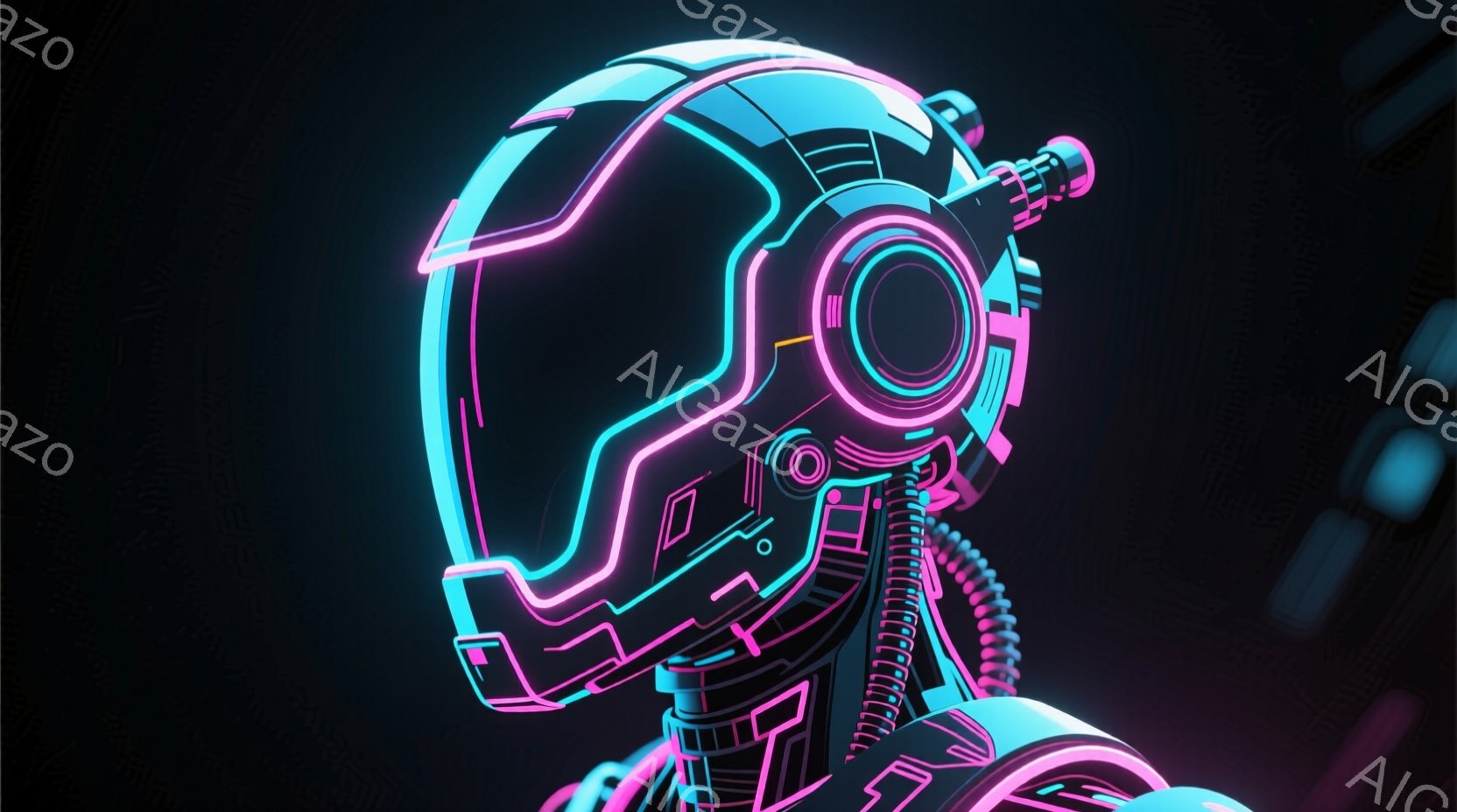 鮮やかなネオンピンクと青色の光で縁取られた未来的なロボットの頭部が描かれています。複雑な回路が露出した機械的な首と肩のラインが特徴的で、まるでサイバーパンクの世界から飛び出してきたようです。暗い背景に浮かび上がり、未来的なテクノロジーと冷たい雰囲気を醸し出しています。