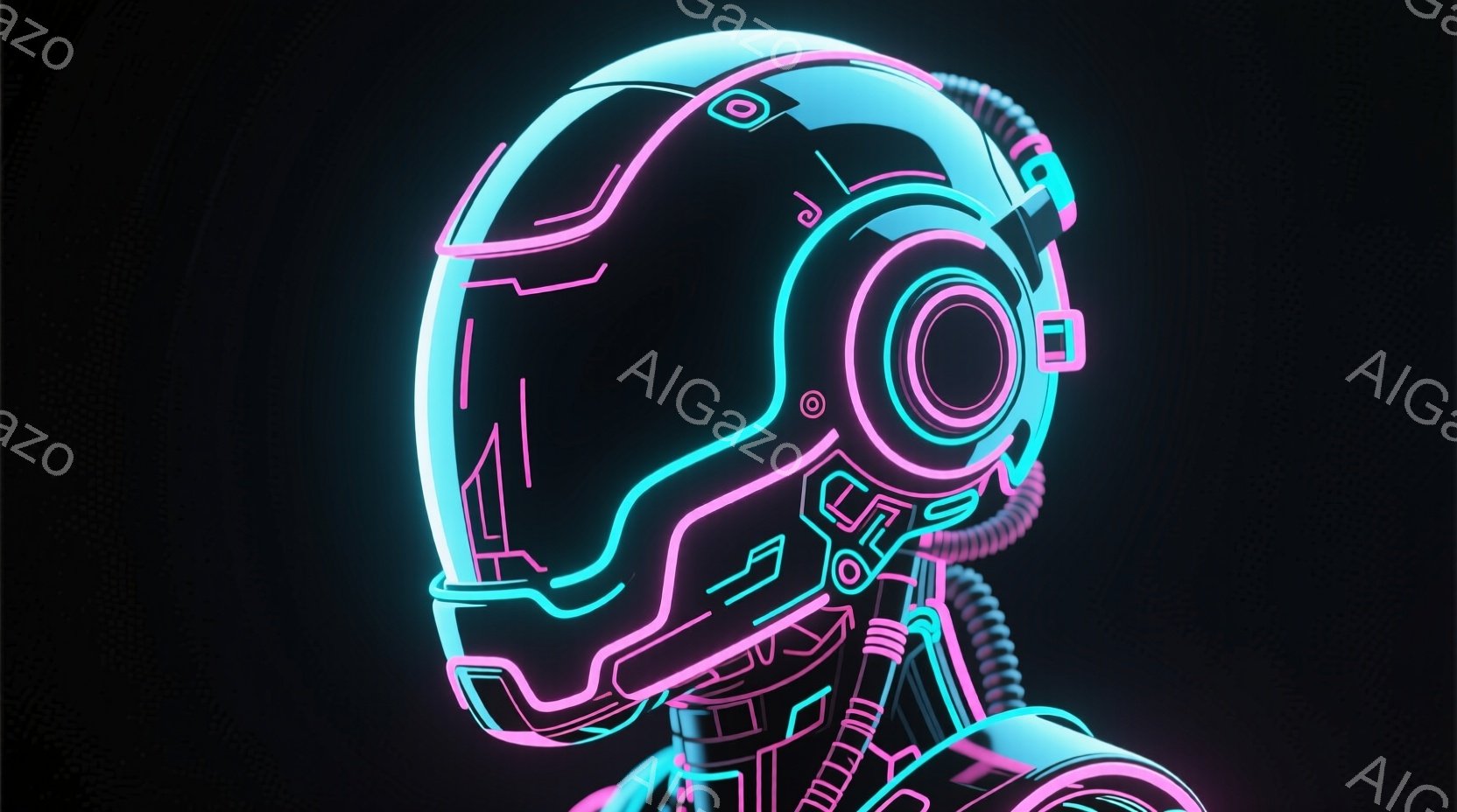 この画像は、未来的な蛍光色のヘルメットを被った人物のシルエットを描いています。ヘルメットは鮮やかなピンクと青のネオンライトで縁取られ、複雑な幾何学的な線が組み合わさって、サイバーパンクな雰囲気を醸し出しています。暗い背景は、発光する輪郭を際立たせ、まるでデジタル世界の住人のような印象を与えます。