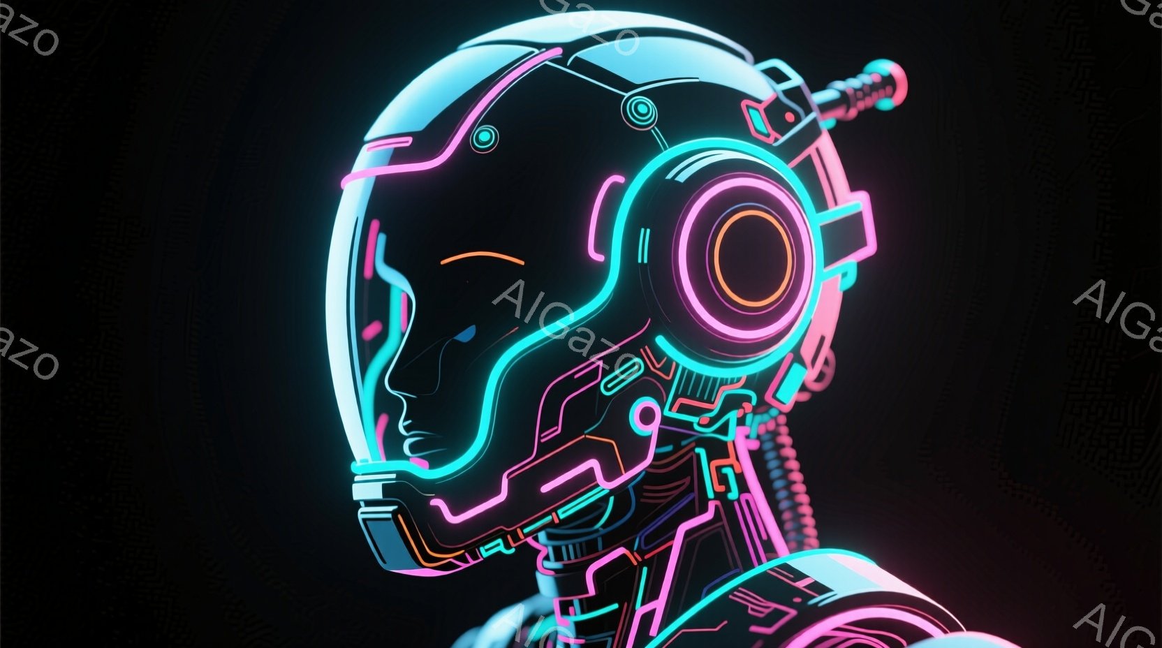 鮮やかなネオンカラーで描かれた、サイバーパンク風の女性の頭部が描かれている。複雑な回路やメカニカルな構造がシルエットを形成し、未来的なヘルメットのような形状をしている。暗い背景に光る線が浮かび上がり、近未来的な雰囲気と技術的な洗練さを感じさせる。