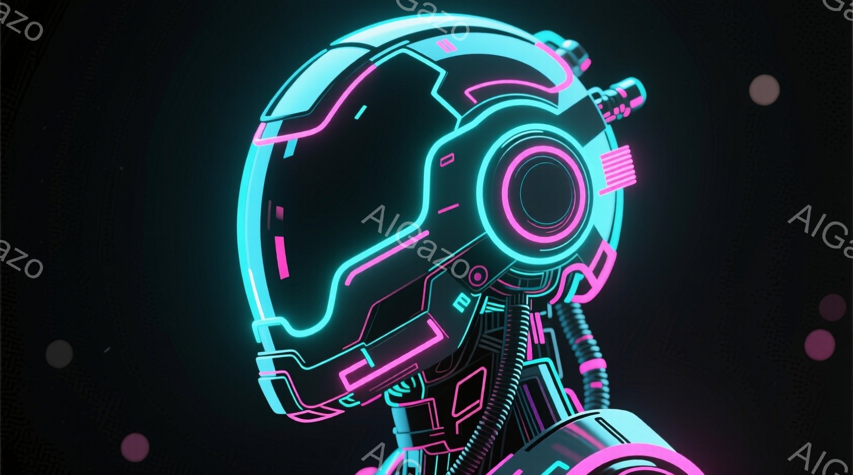 この画像は、未来的な青色の光るロボットの頭部と肩の描写です。ヘルメットは洗練されたデザインで、複雑な配線や光るアクセントが特徴です。暗い背景に鮮やかな光が際立ち、サイバーパンクやテクノロジーの雰囲気を醸し出しています。