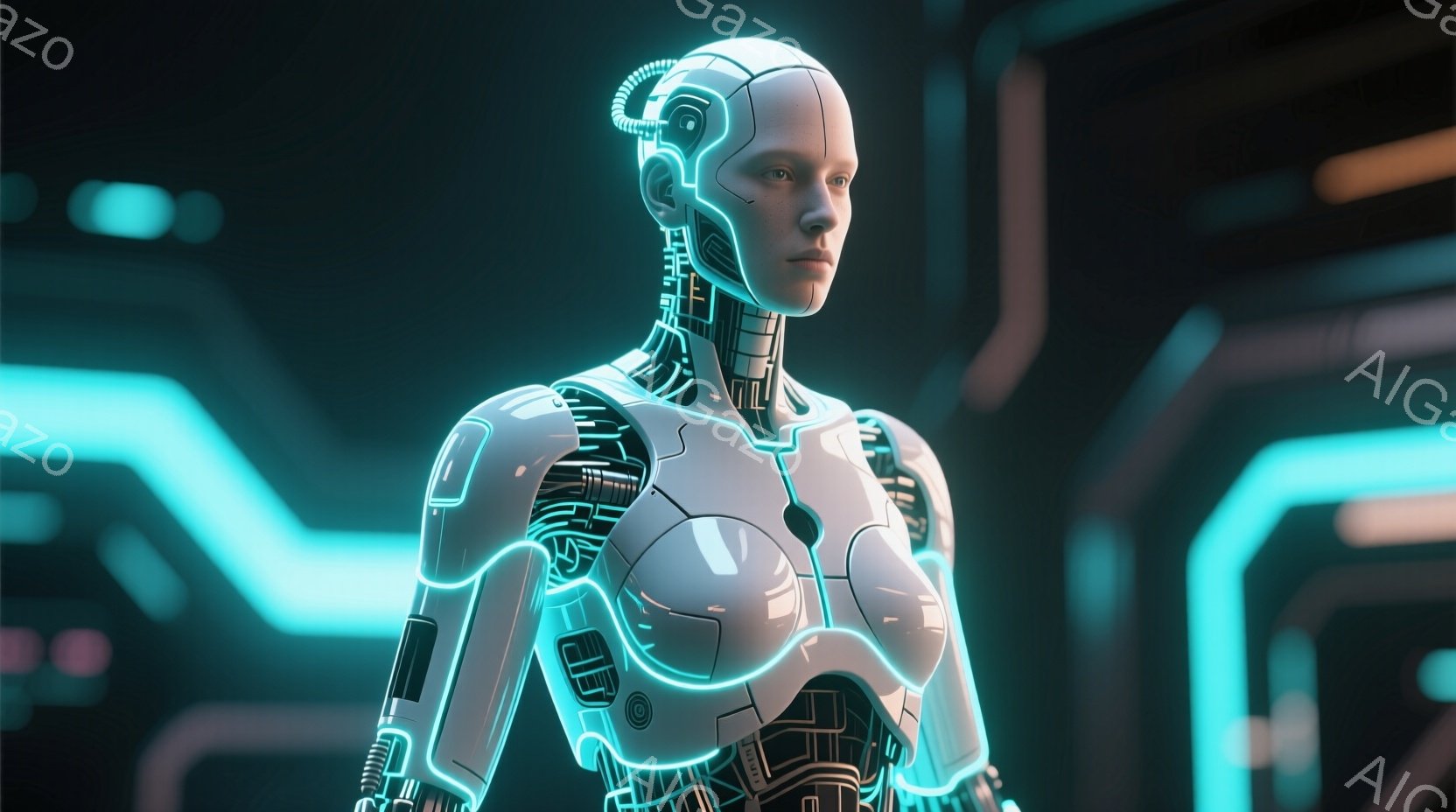 この画像は、未来的なロボット女性の胸から上を捉えたものです。白い装甲のようなボディに青い発光ラインが走り、メカニカルな構造が露わになっています。背景は暗く、同様に青く光る幾何学模様が描かれ、サイバーパンク風の雰囲気を醸し出しています。