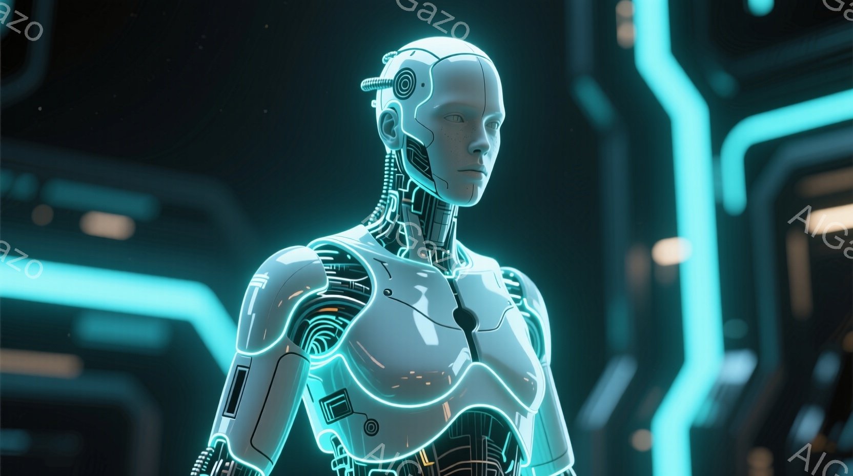 未来的な女性型ロボットが描かれています。白を基調としたボディは複雑なメカニカル構造で構成され、青い光が血管のように内部を照らしています。背景には青色の発光する線が複雑に絡み合い、サイバーパンクな雰囲気を作り出しています。