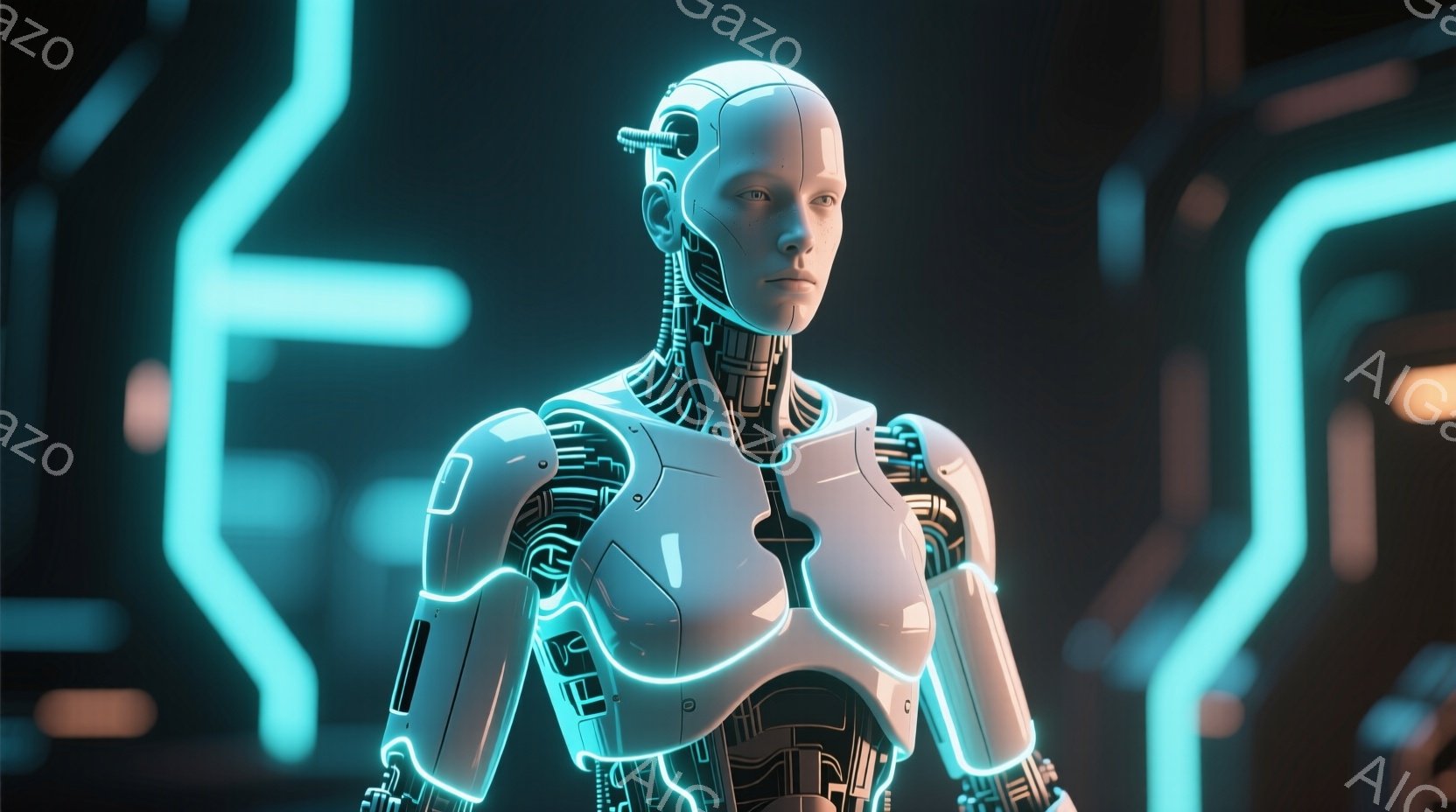 白いロボットのトルソーが描かれており、複雑な機械構造が露出している。その表情は無表情で、どこか神秘的な雰囲気を醸し出している。背景には青色の光のラインが走り、未来的な空間を強調している。