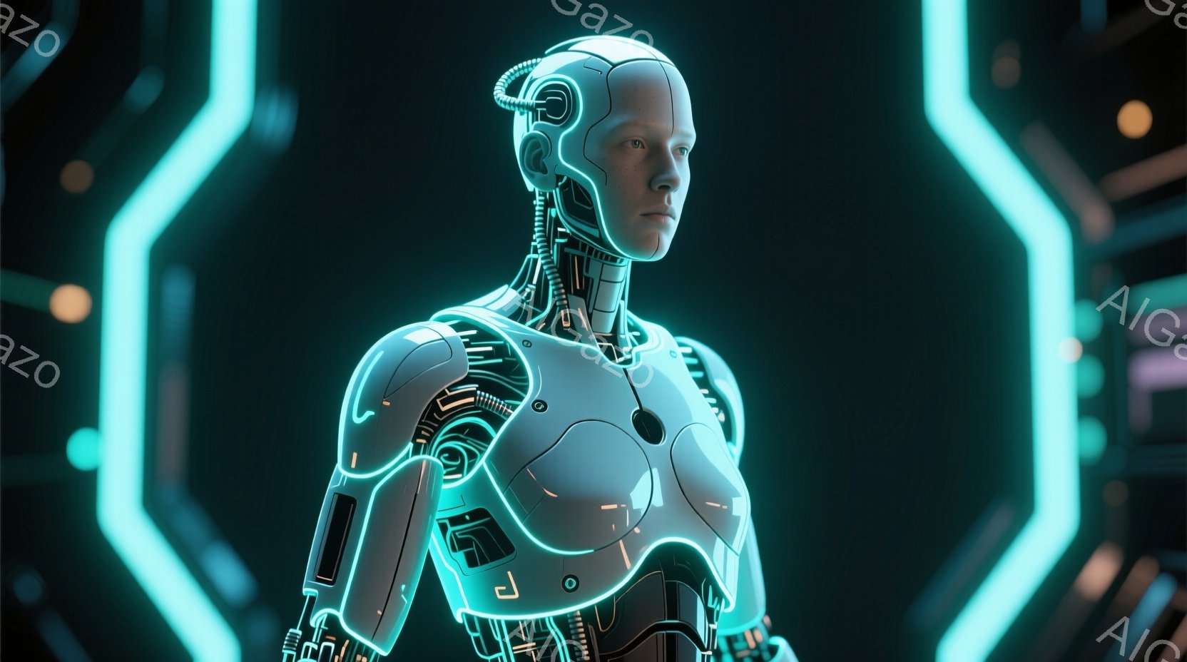 未来的な女性型ロボットが描かれており、白い装甲と青色の発光する回路が特徴的です。彼女は正面をまっすぐ見つめており、表情は冷静で無表情です。背景には、青色の光る幾何学模様が広がり、サイバーパンク的な雰囲気を醸し出しています。