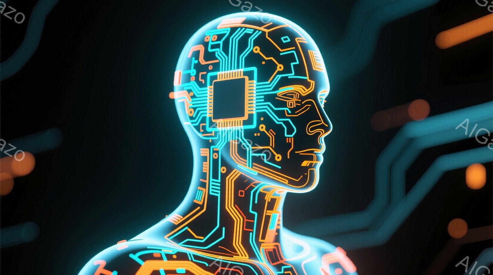 この画像は、青い光で描かれた人間の頭と首のシルエットを示しており、内部には複雑なオレンジ色の回路パターンが組み込まれています。回路は脳の領域全体に広がり、高度なテクノロジーと知性の象徴として機能してい - AI生成フリー素材