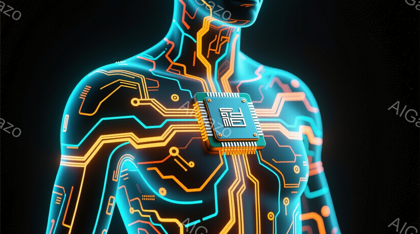 この画像は、人間の上半身がネオンカラーの回路パターンで覆われている様子を描写しています。回路は明るい青とオレンジ色で、まるで体内にテクノロジーが組み込まれているかのような印象を与えます。背景は暗く、回路の光が際立っており、未来的な雰囲気を醸し出しています。
