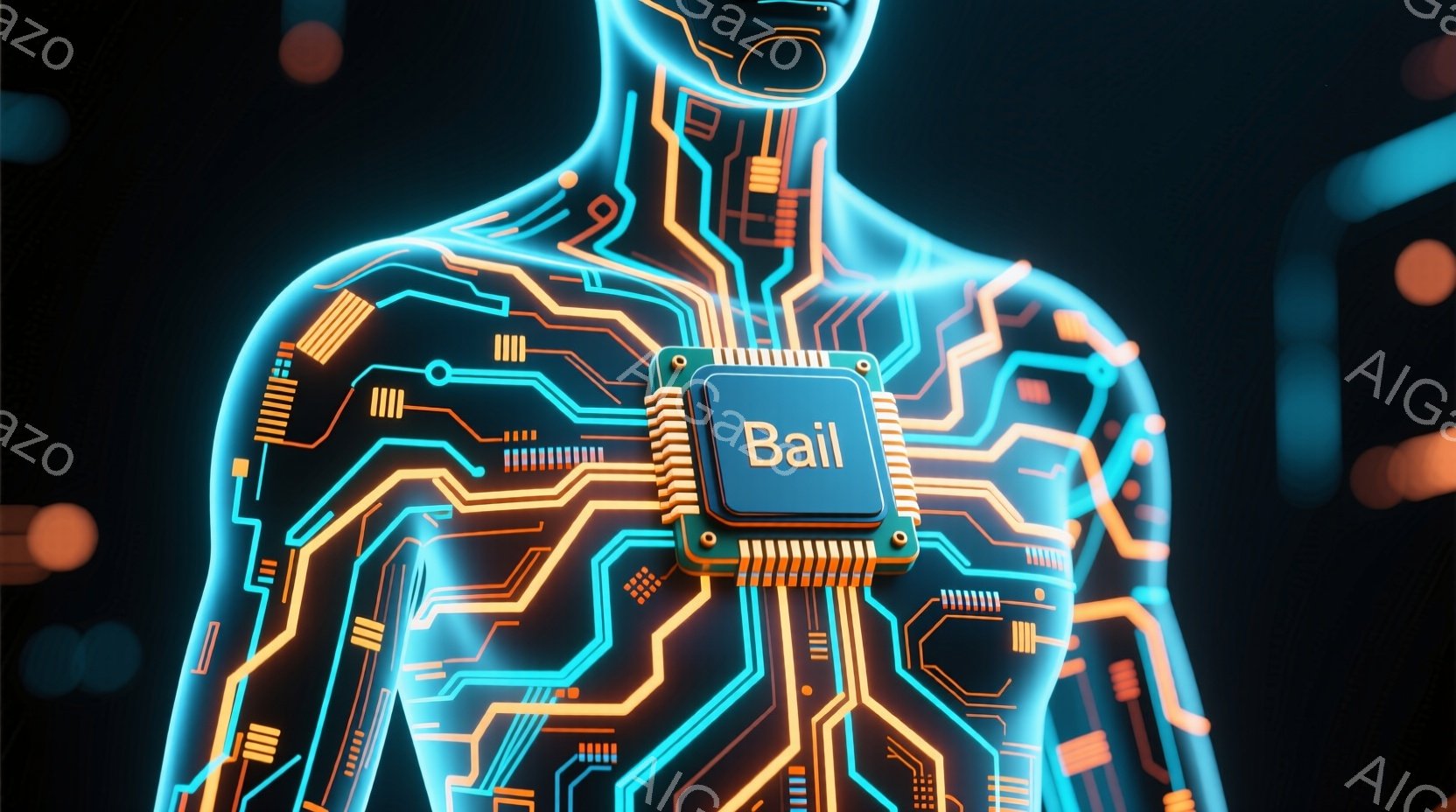 この画像は、回路パターンが身体に組み込まれた人物の胸元をクローズアップしたものです。明るいオレンジと青色の光が、未来的なテクノロジーの雰囲気を醸し出しています。中央の胸部に「Bail」と書かれたチップが埋め込まれているように見え、サイボーグやAIといった概念を連想させます。